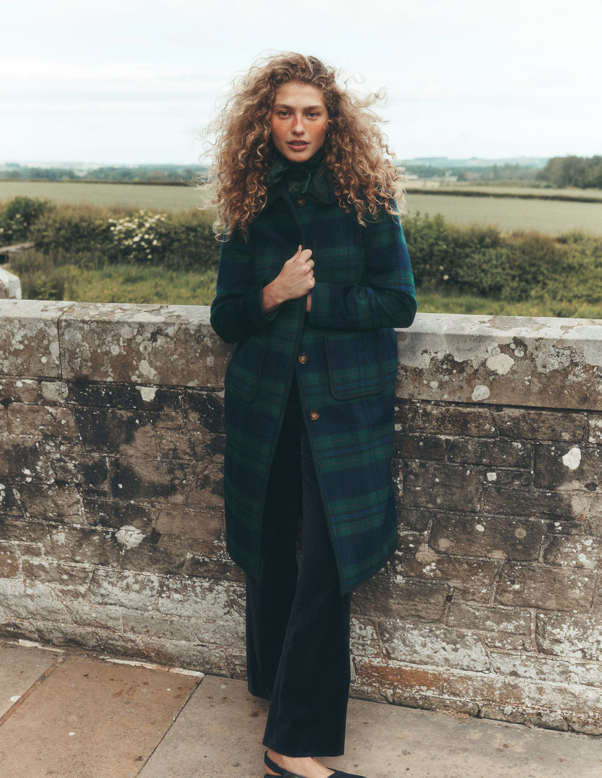 Patch Pocket Wool Blend Coat-Navy, Green and Blue Check-1