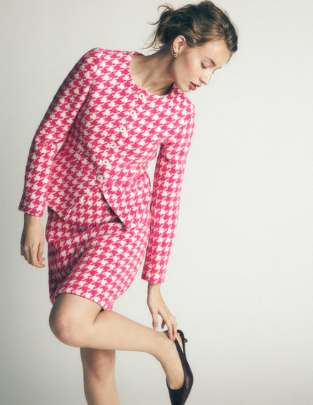 Collarless Wool Blend Blazer-Pink Dogstooth