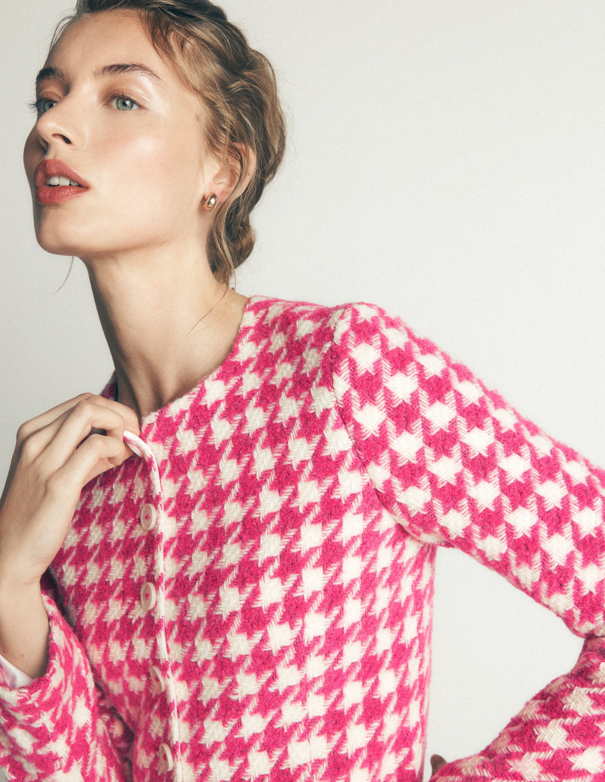Collarless Wool Blend Blazer-Pink Dogstooth-4