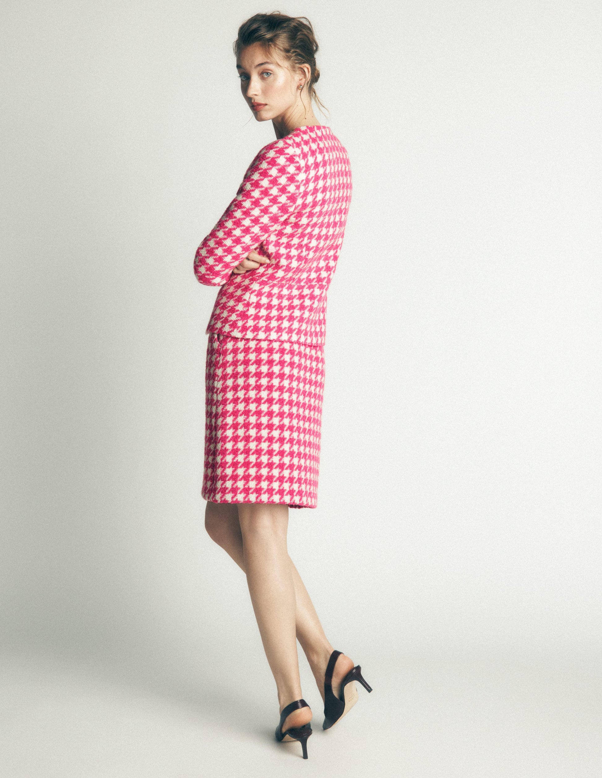 Collarless Wool Blend Blazer-Pink Dogstooth-5