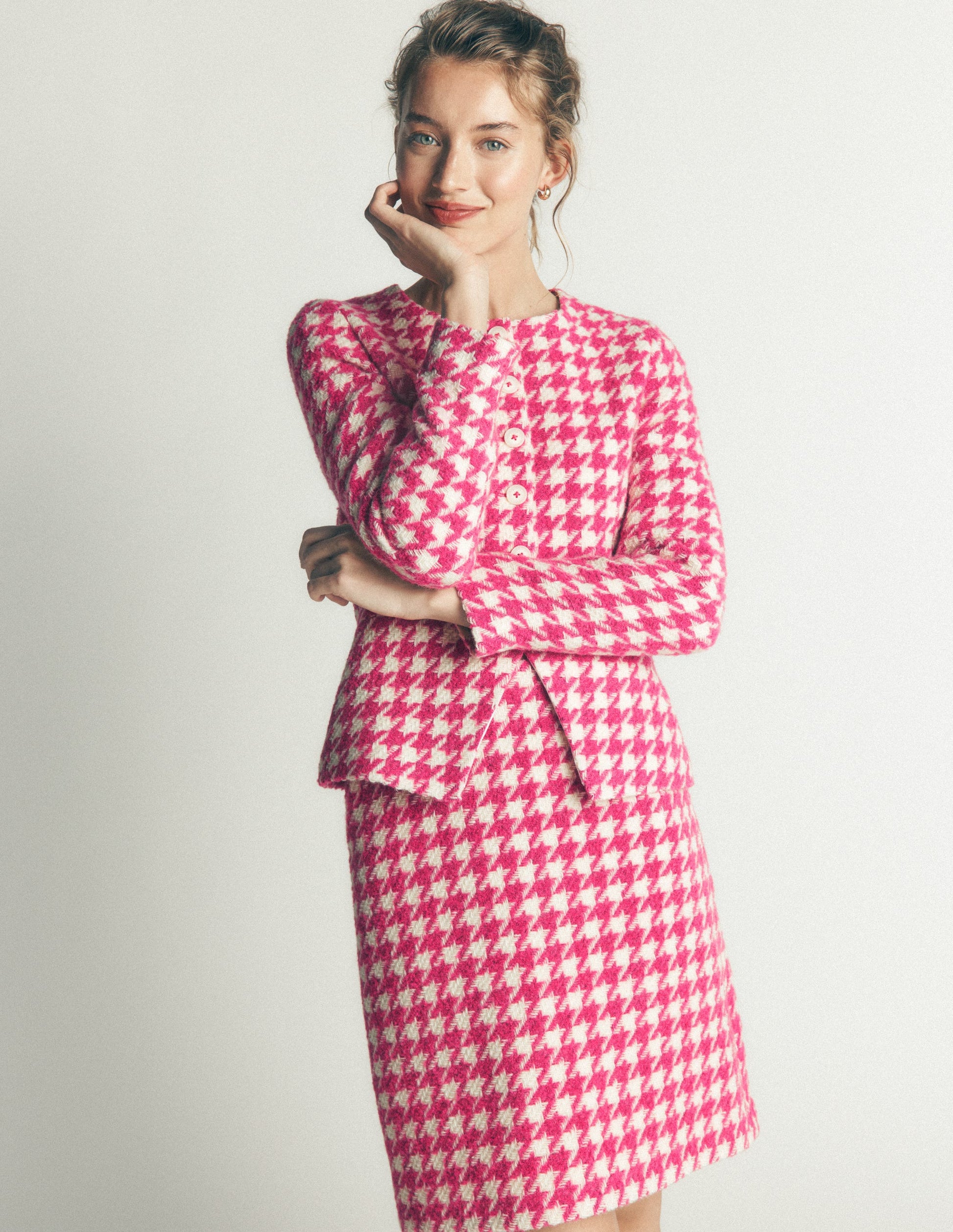 Collarless Wool Blend Blazer-Pink Dogstooth-6