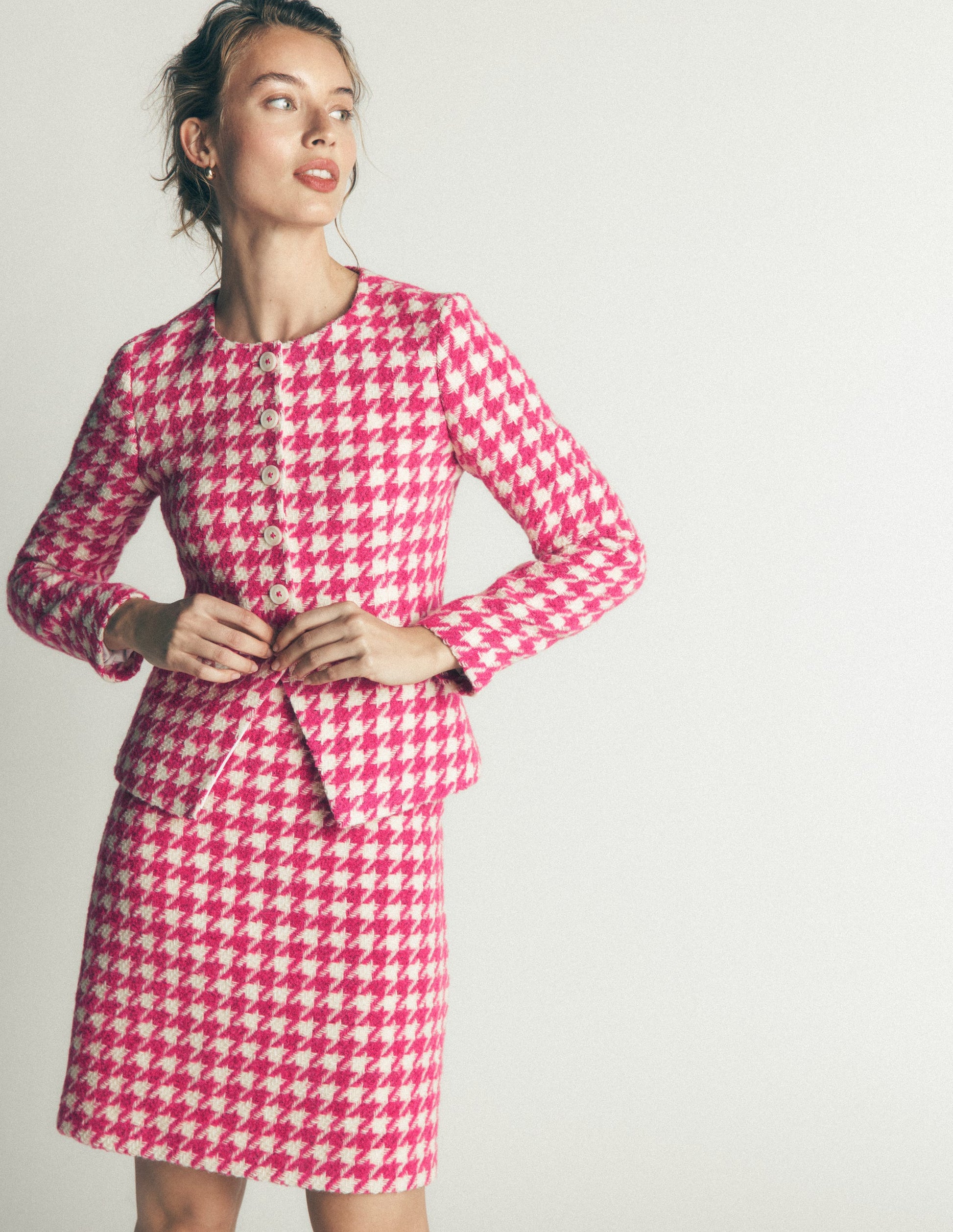 Collarless Wool Blend Blazer-Pink Dogstooth-7