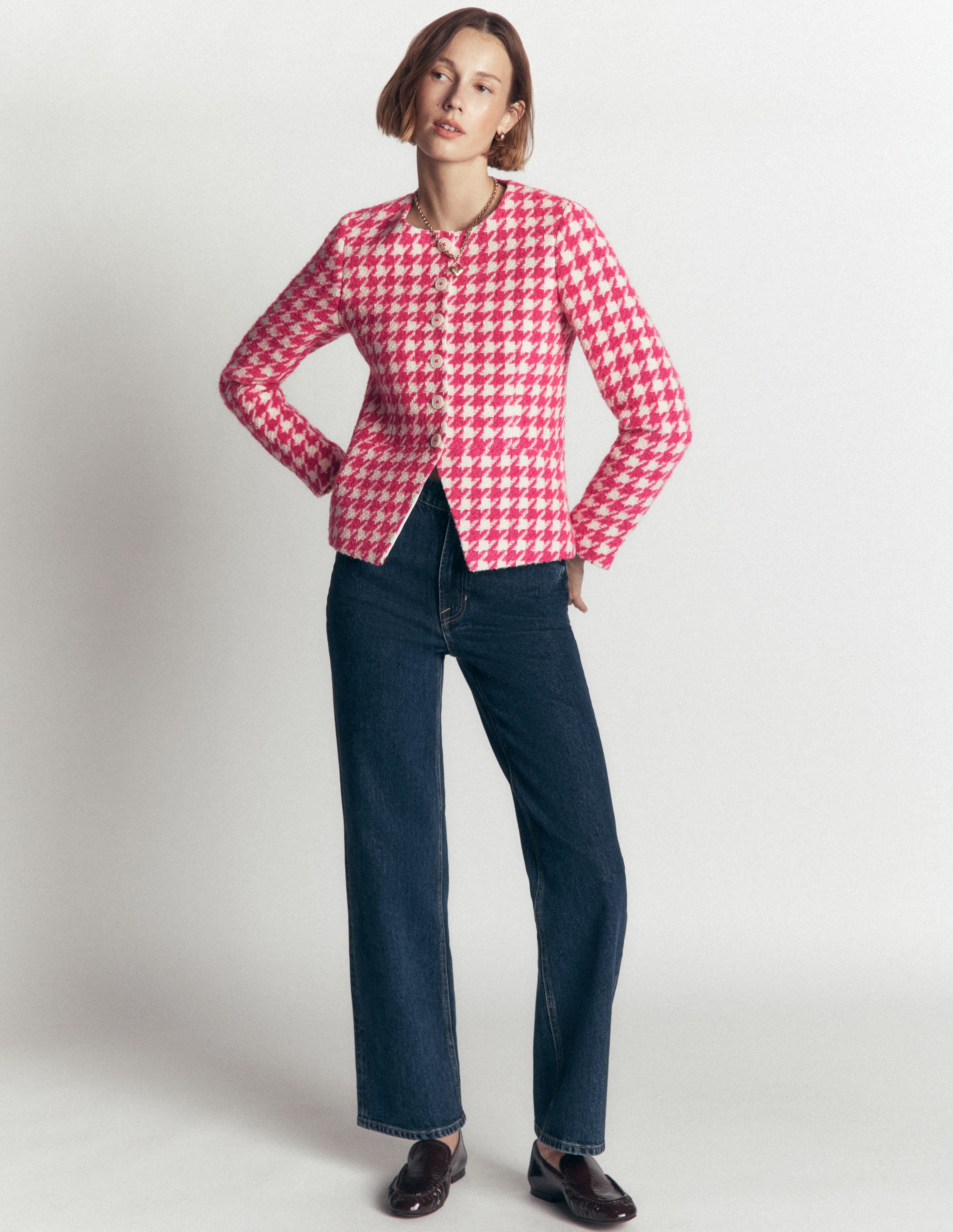 Collarless Wool Blend Blazer-Pink Dogstooth - Image 7