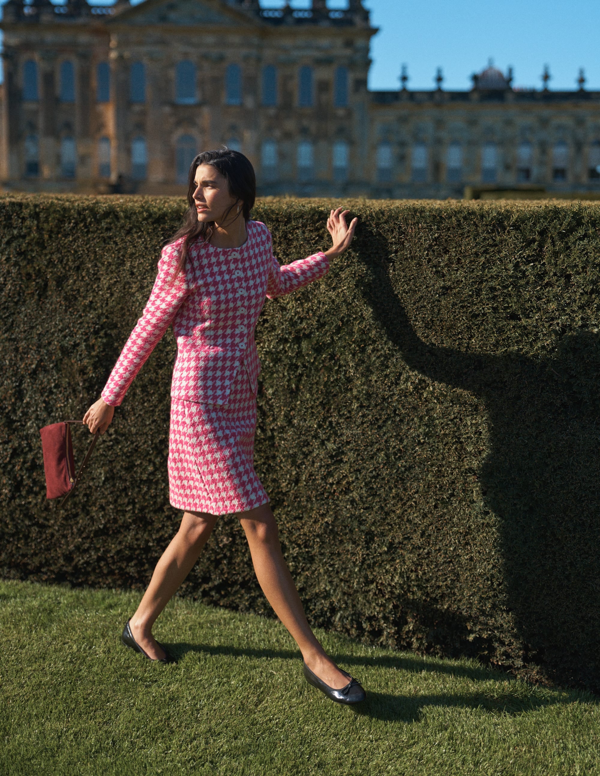 Collarless Wool Blend Blazer-Pink Dogstooth - Image 1