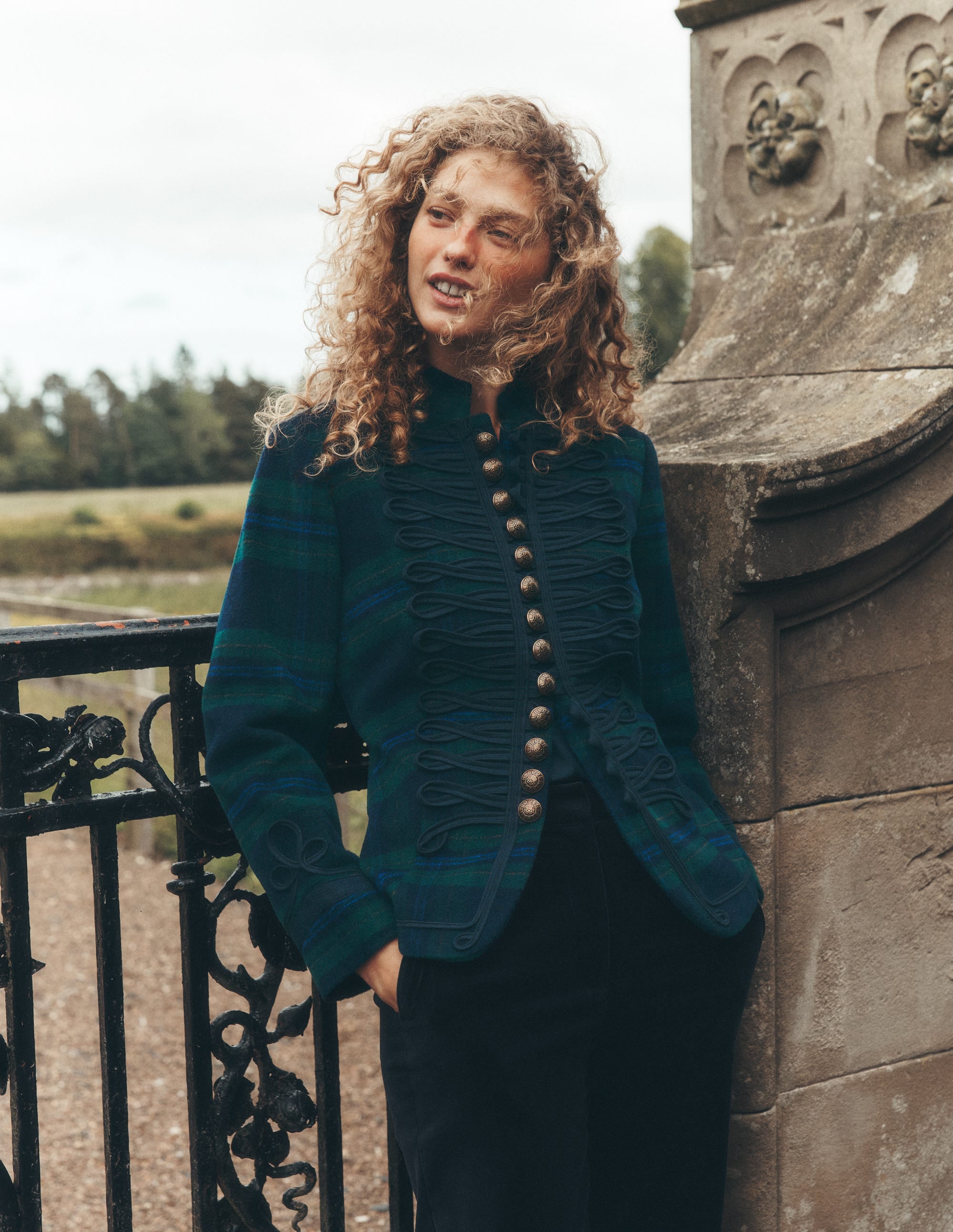 Hereford Military Wool Jacket - Navy, Green, Blue Tonal Check
