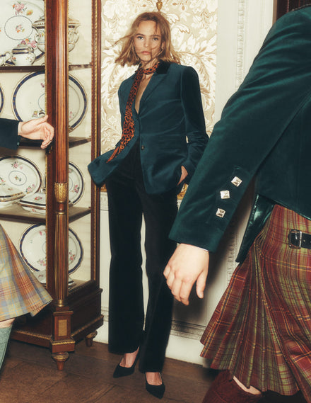 Longline Velvet Button Blazer-Teal Ocean