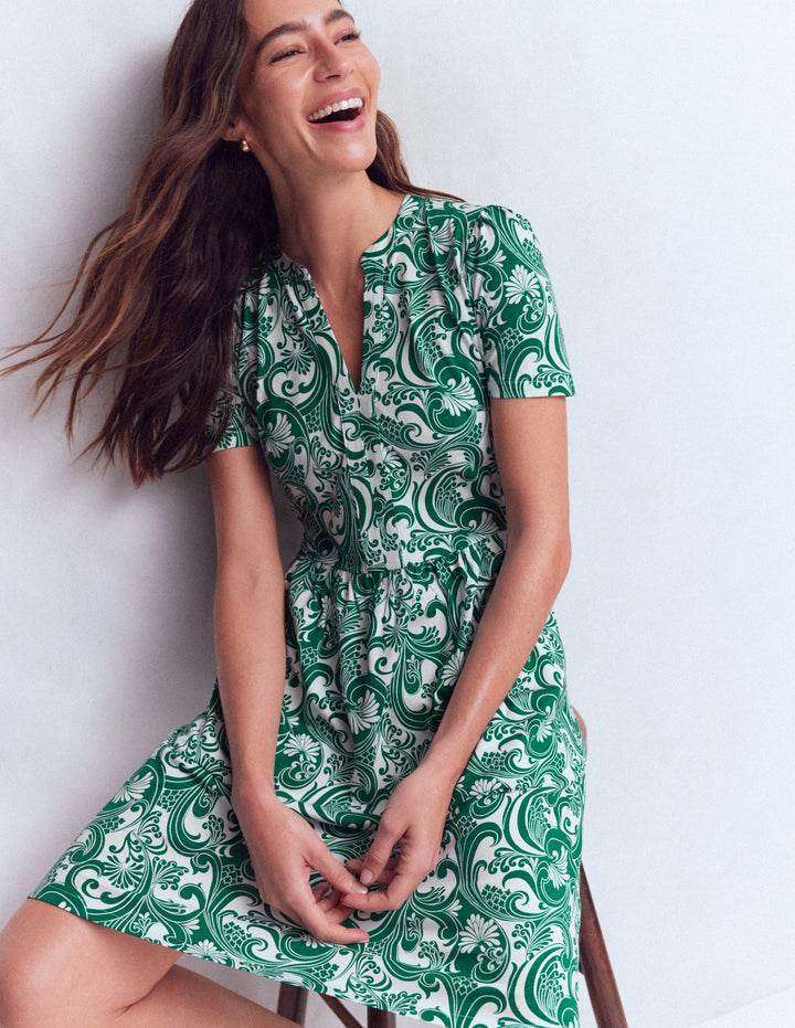 Naomi Short Sleeve Dress-Jewel Green, Foliage Whirl