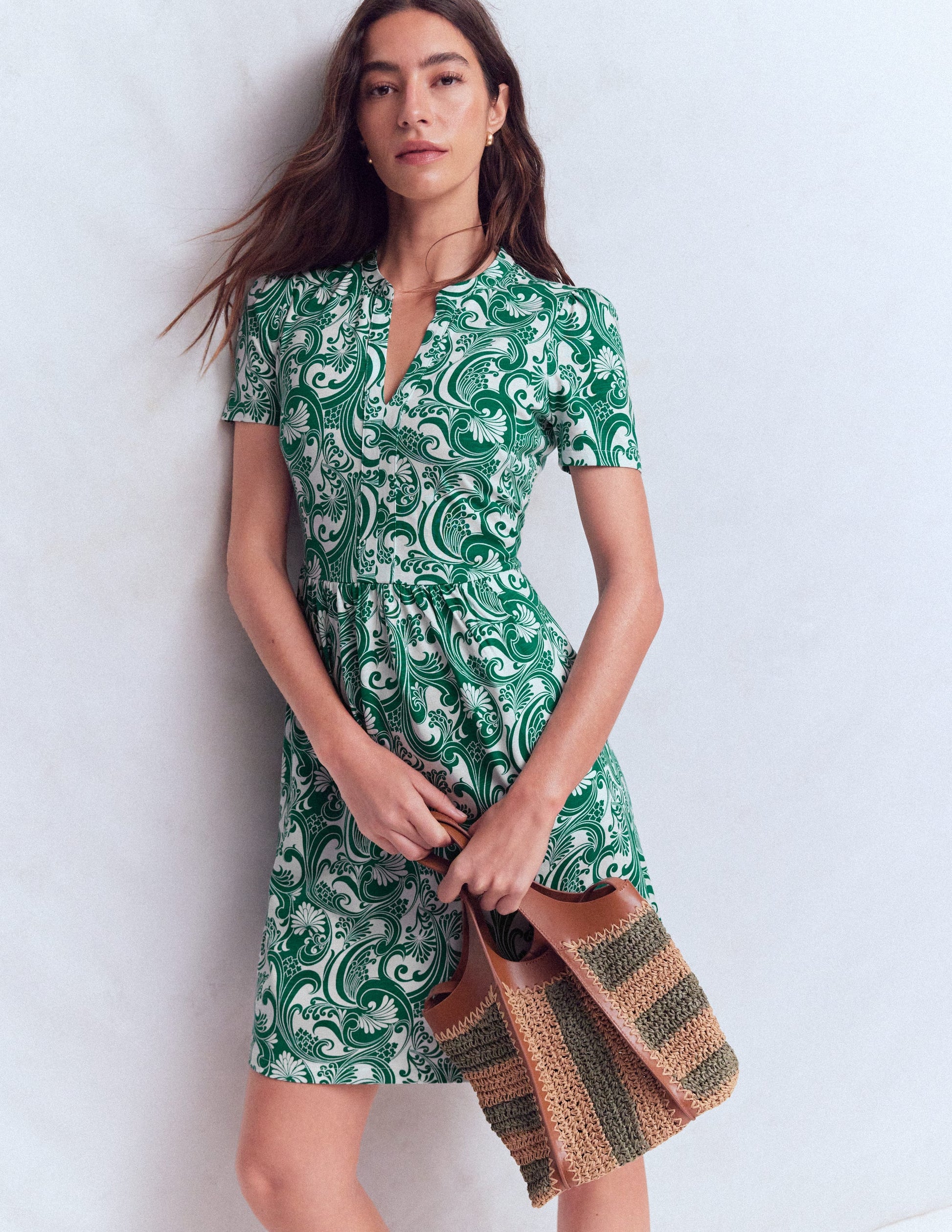 Naomi Short Sleeve Dress-Jewel Green, Foliage Whirl | Boden USA Naomi Short Sleeve Dress-Jewel Green, Foliage Whirl | Boden USA