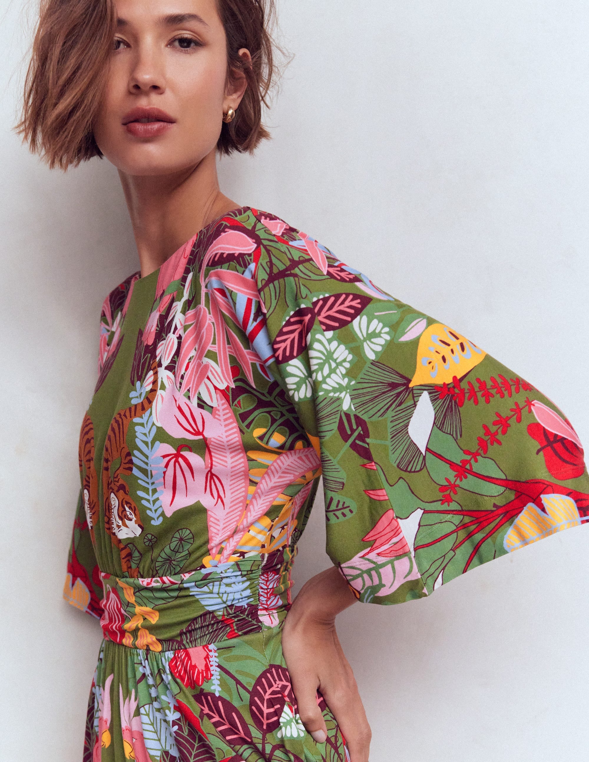 Imelda Kimono Jersey Dress - Olive, Tropical Safari | Boden USA