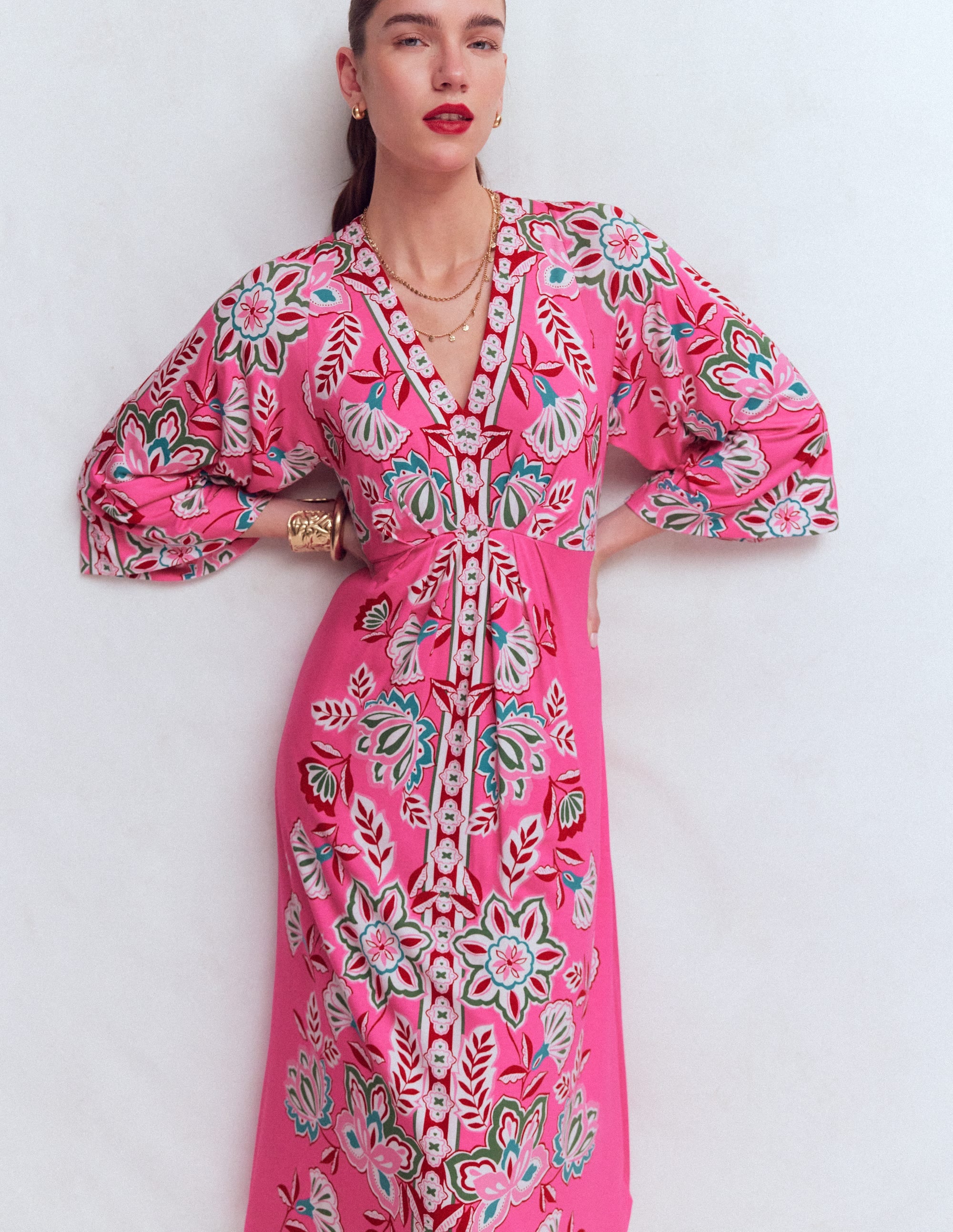 Nell Kimono Midi Jersey Dress-Pink, Blossom Elegance - Image 1