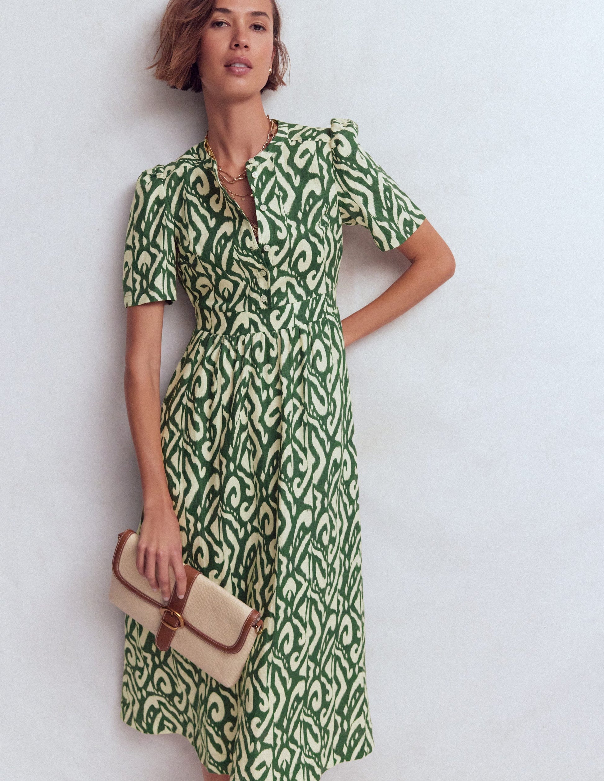 Boden Women's Ivy Placket Linen Midi Dress in Green | Size 6 Boden Women's Ivy Placket Linen Midi Dress in Green | Size 6