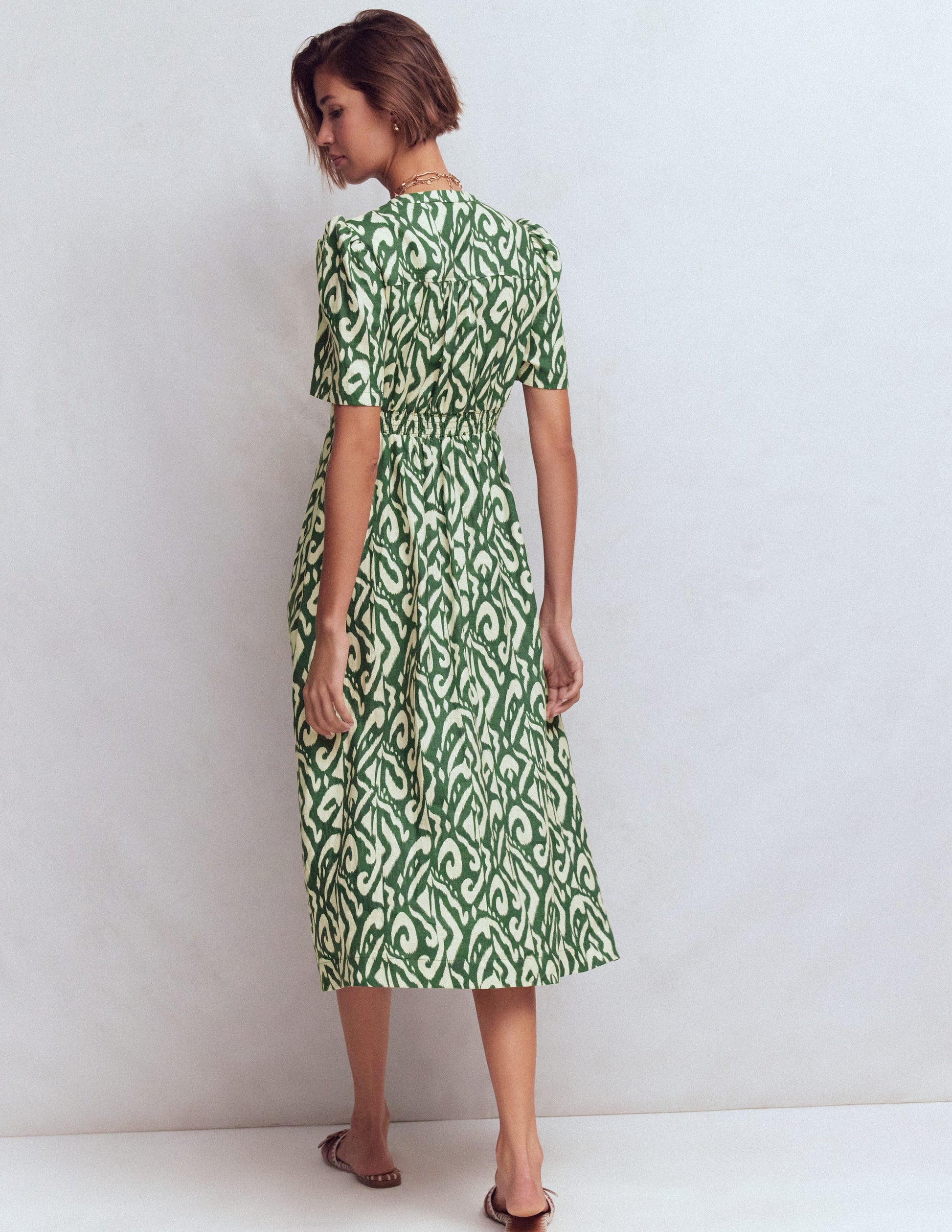 Ivy Linen Midi Dress-Hunter Green Ikat-3