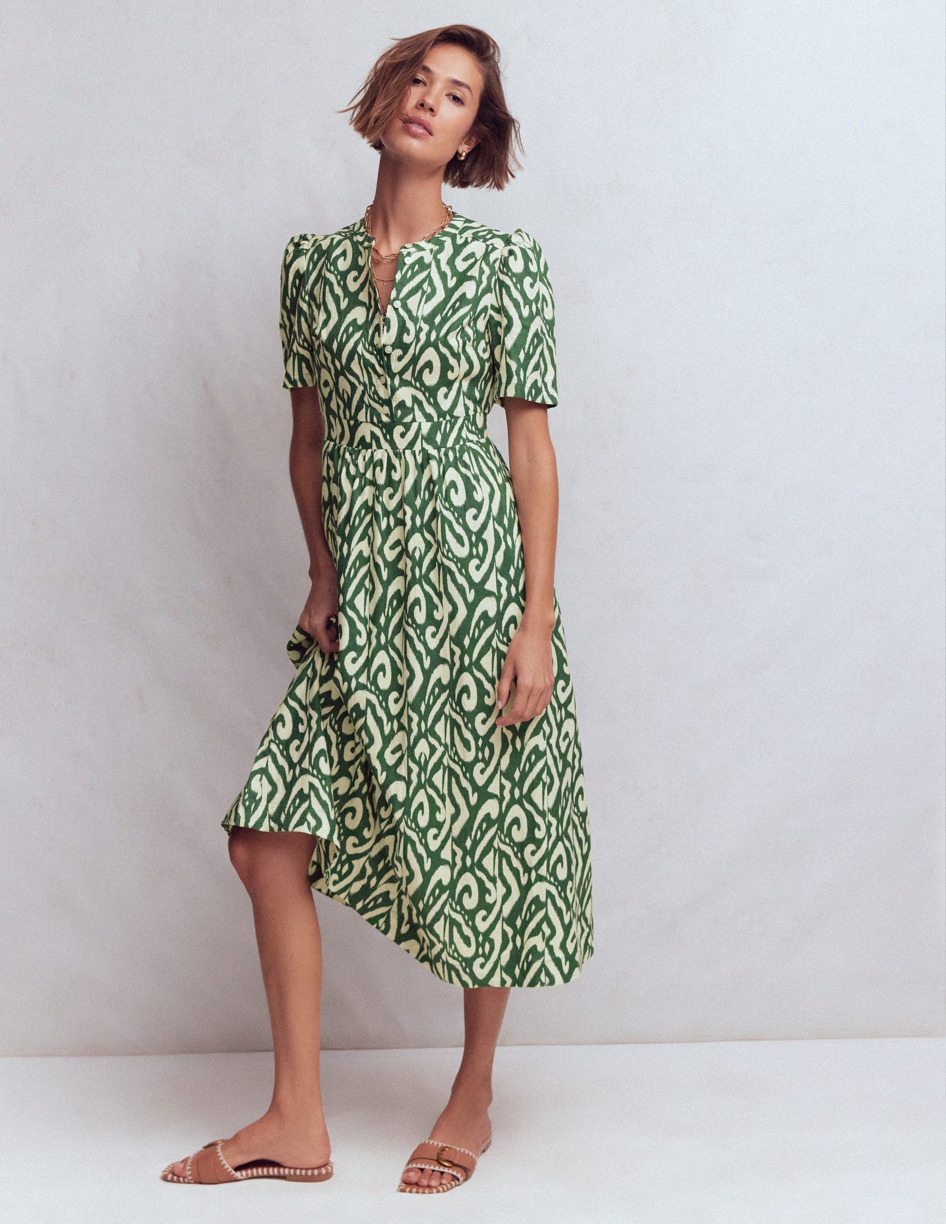 Ivy Linen Midi Dress-Hunter Green Ikat-4