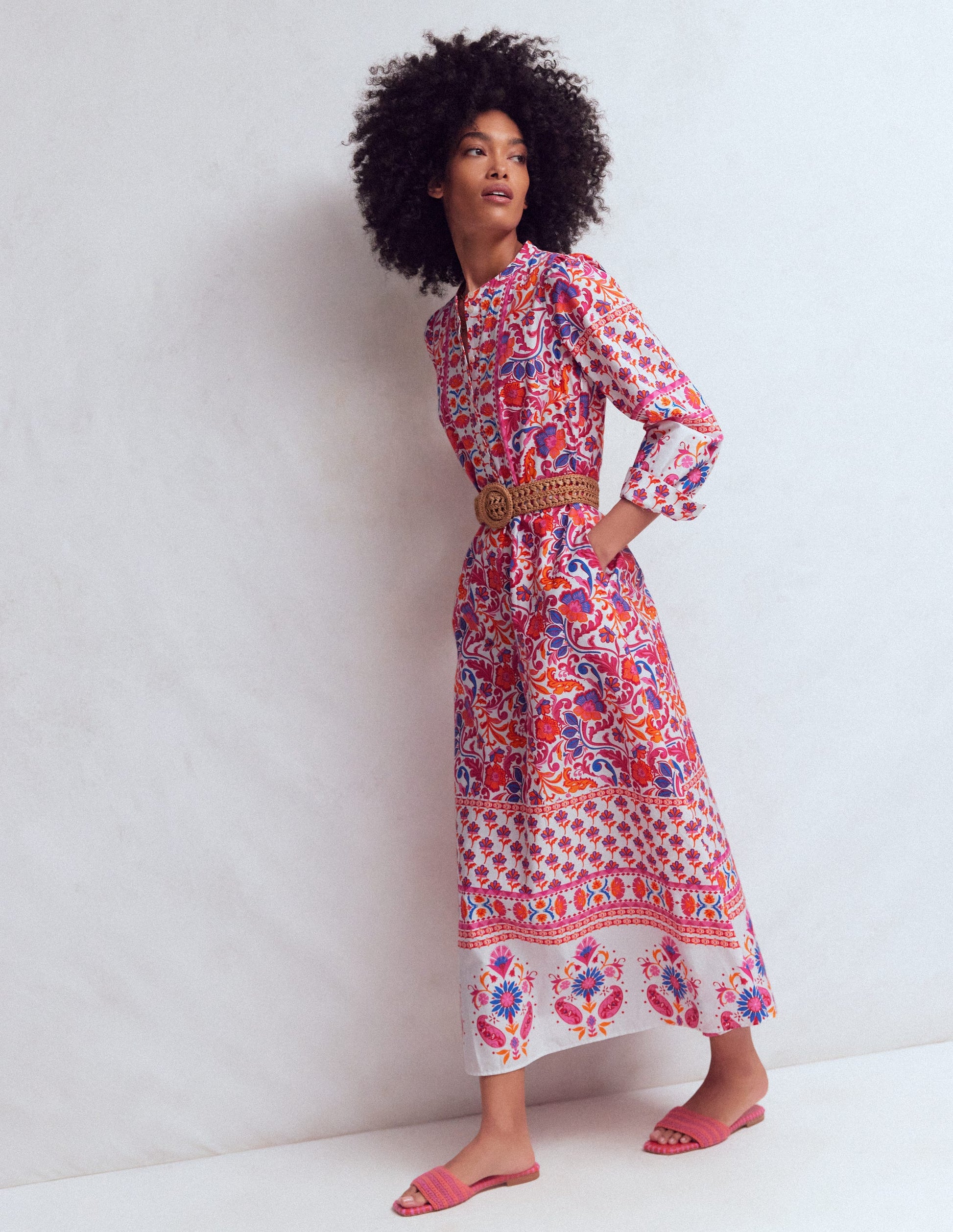 Ava Cotton Midi Dress-Pink Flourishing Meadow Border | Boden USA Ava Cotton Midi Dress-Pink Flourishing Meadow Border | Boden USA