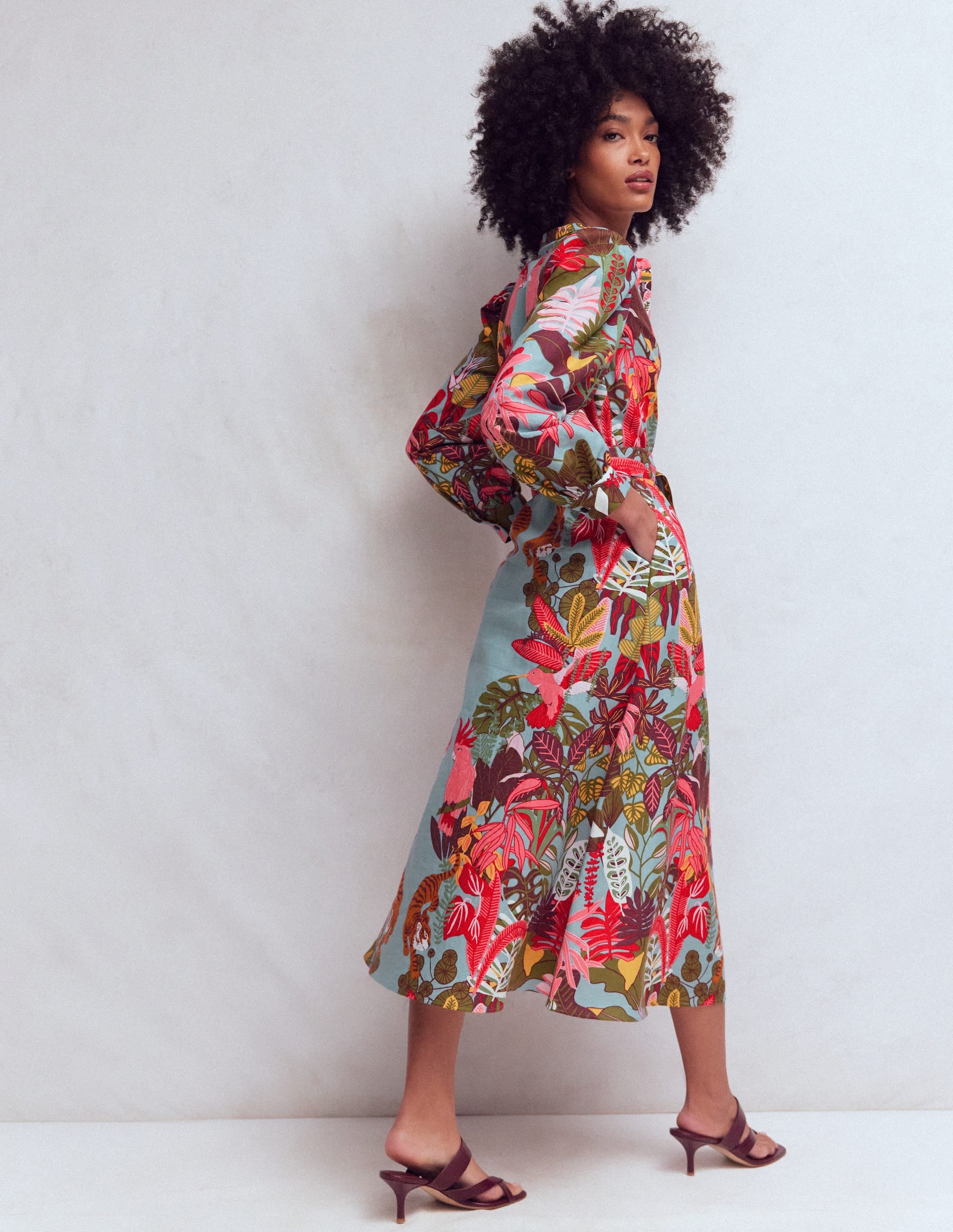 Ava Linen Blend Midi Dress - Blue Tropical Safari Placement
