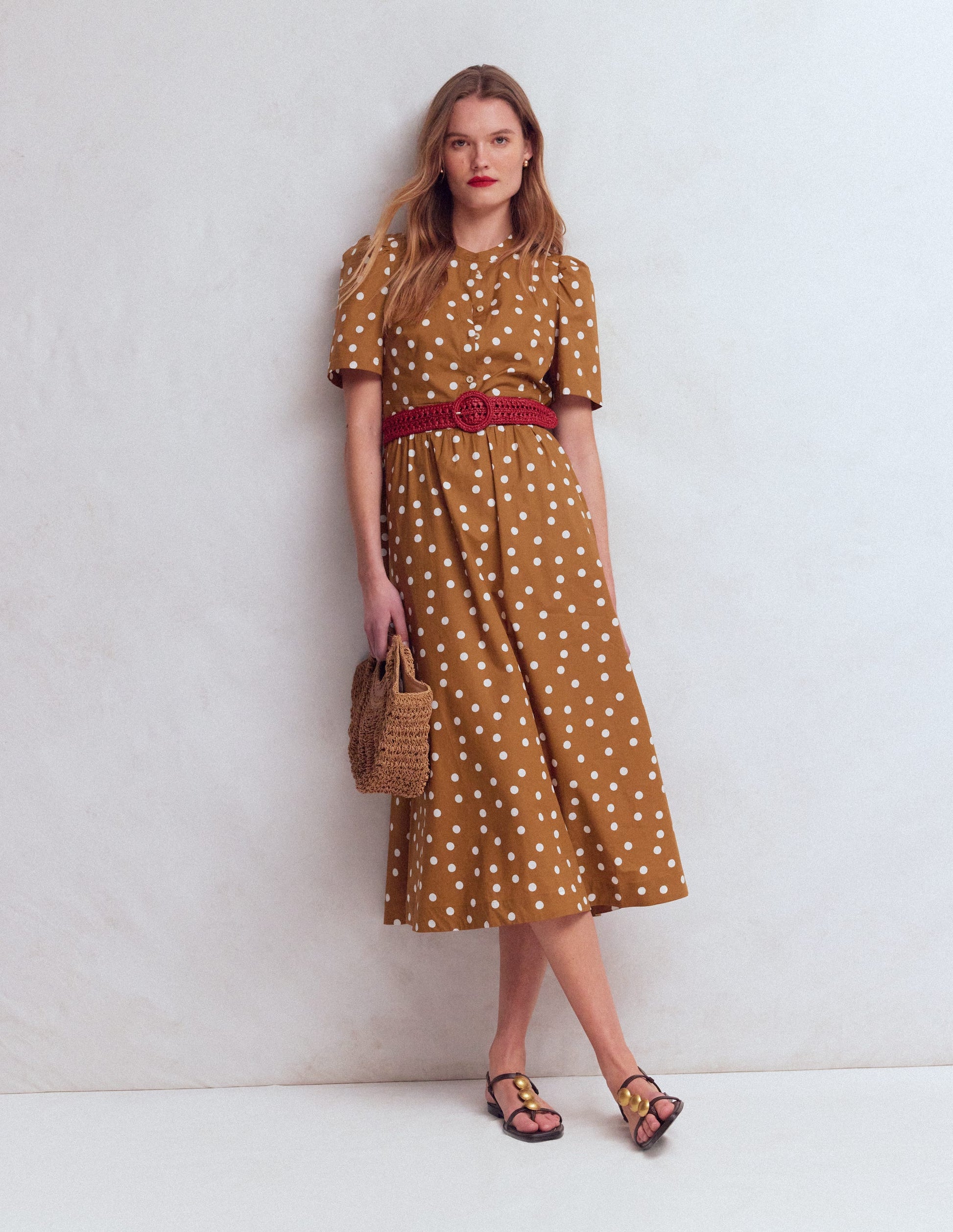 Ivy Cotton Midi Dress-Brown Painted Dot Spaced-1