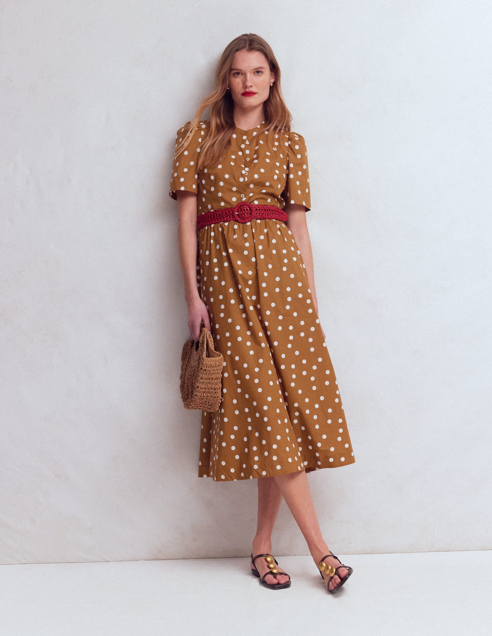 Ivy Button Cotton Midi Dress-Brown Painted Dot Spaced - Image 1