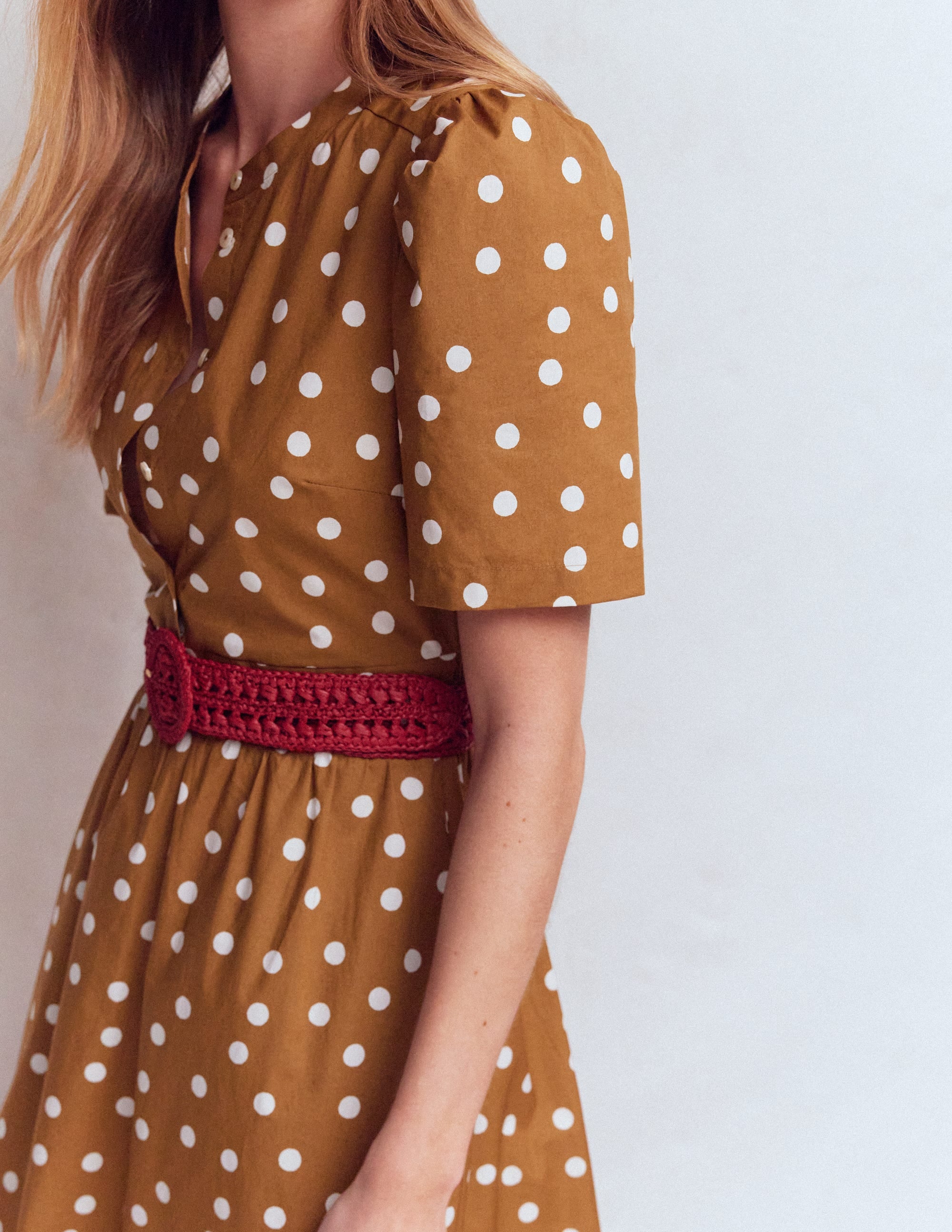 Ivy Button Cotton Midi Dress-Brown Painted Dot Spaced - Image 2