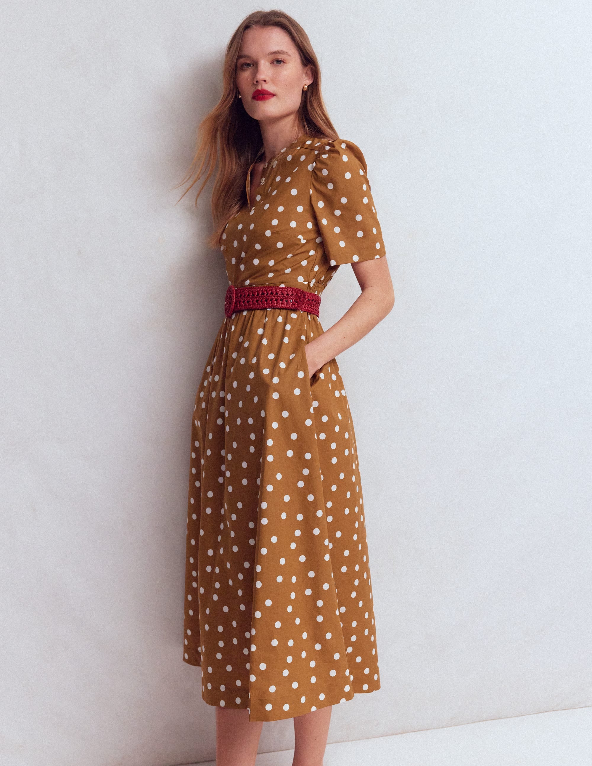 Ivy Button Cotton Midi Dress-Brown Painted Dot Spaced - Image 3