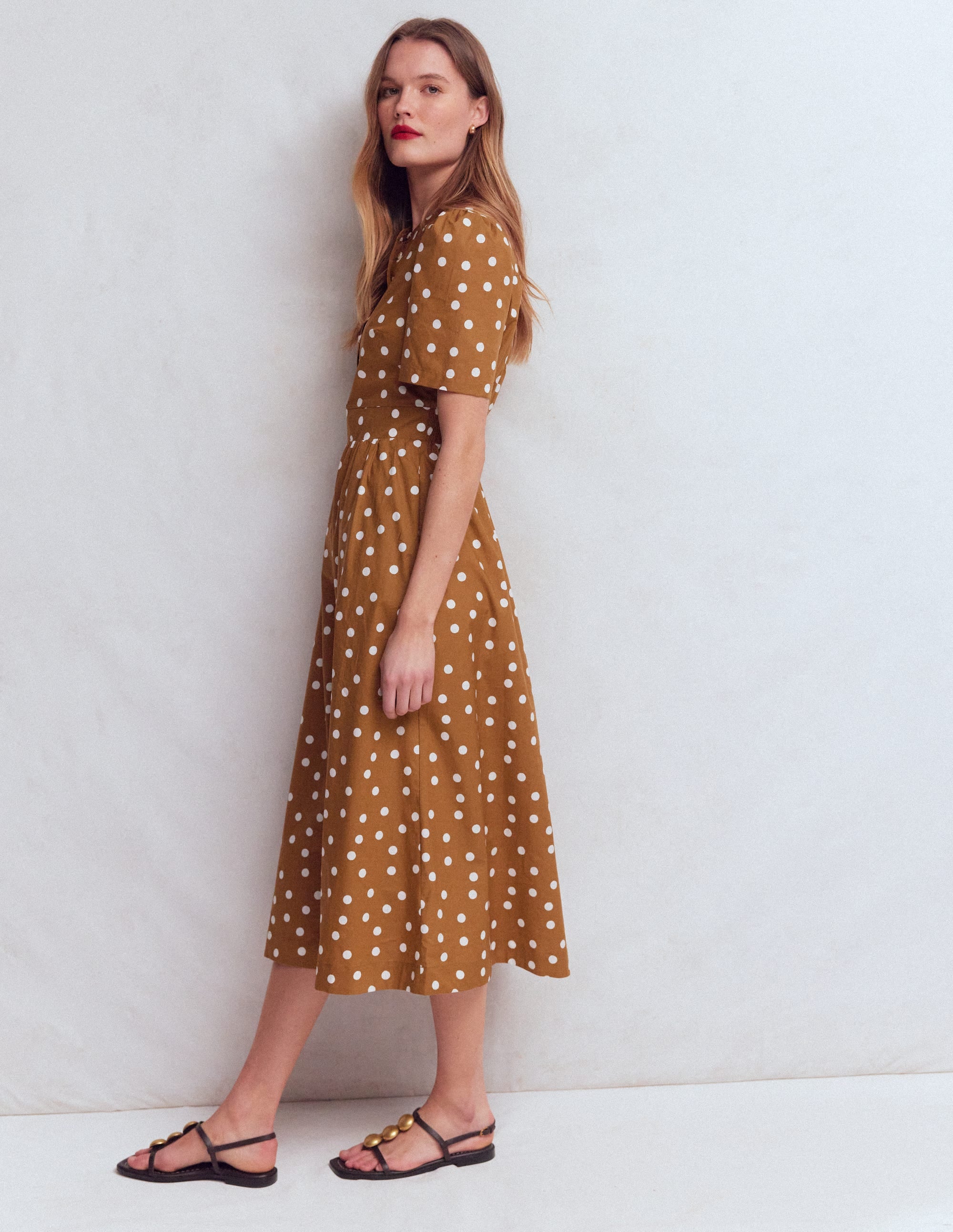 Ivy Button Cotton Midi Dress-Brown Painted Dot Spaced - Image 4