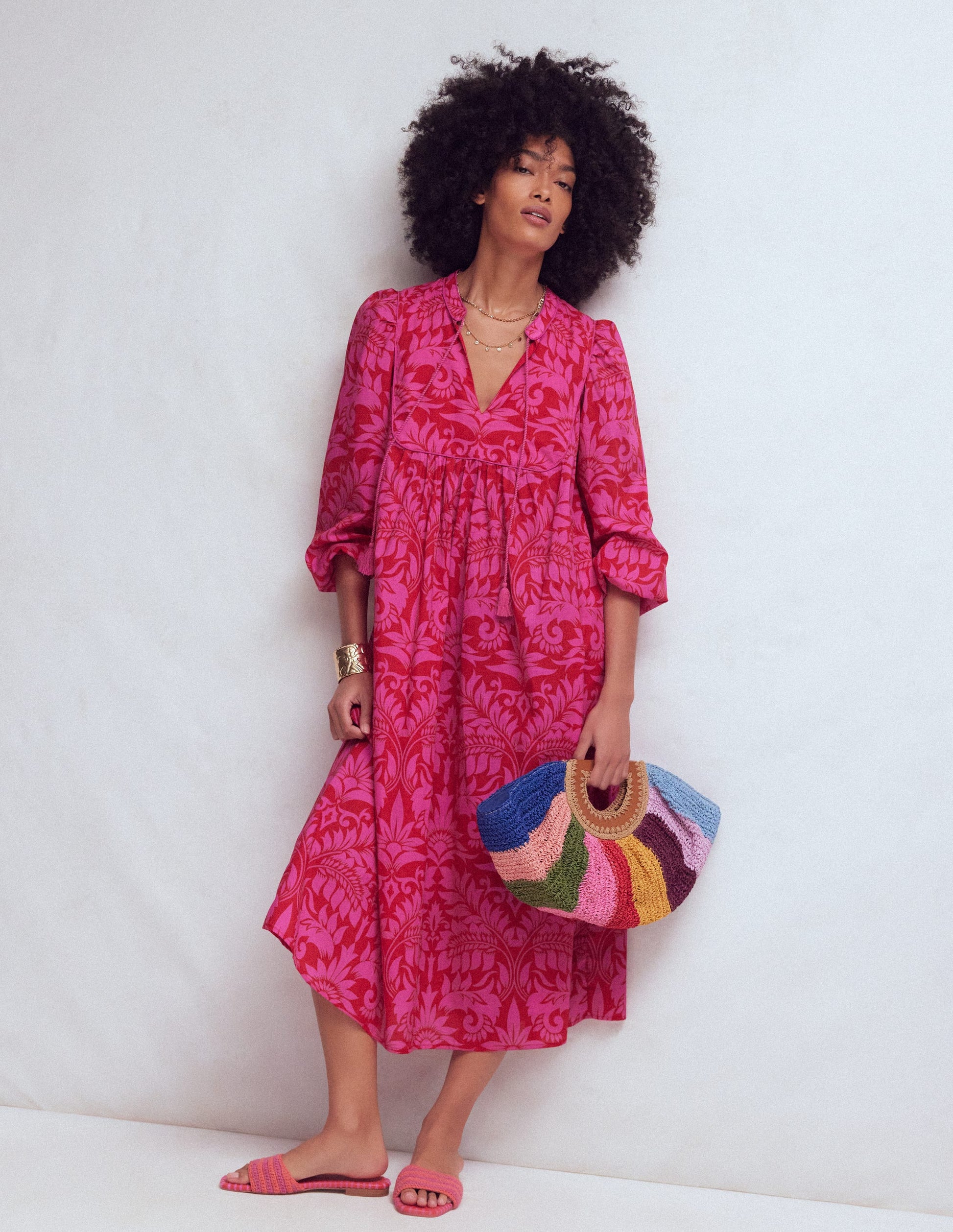 Boho Tie Neck Kaftan-Red Ornamental Foilage-1