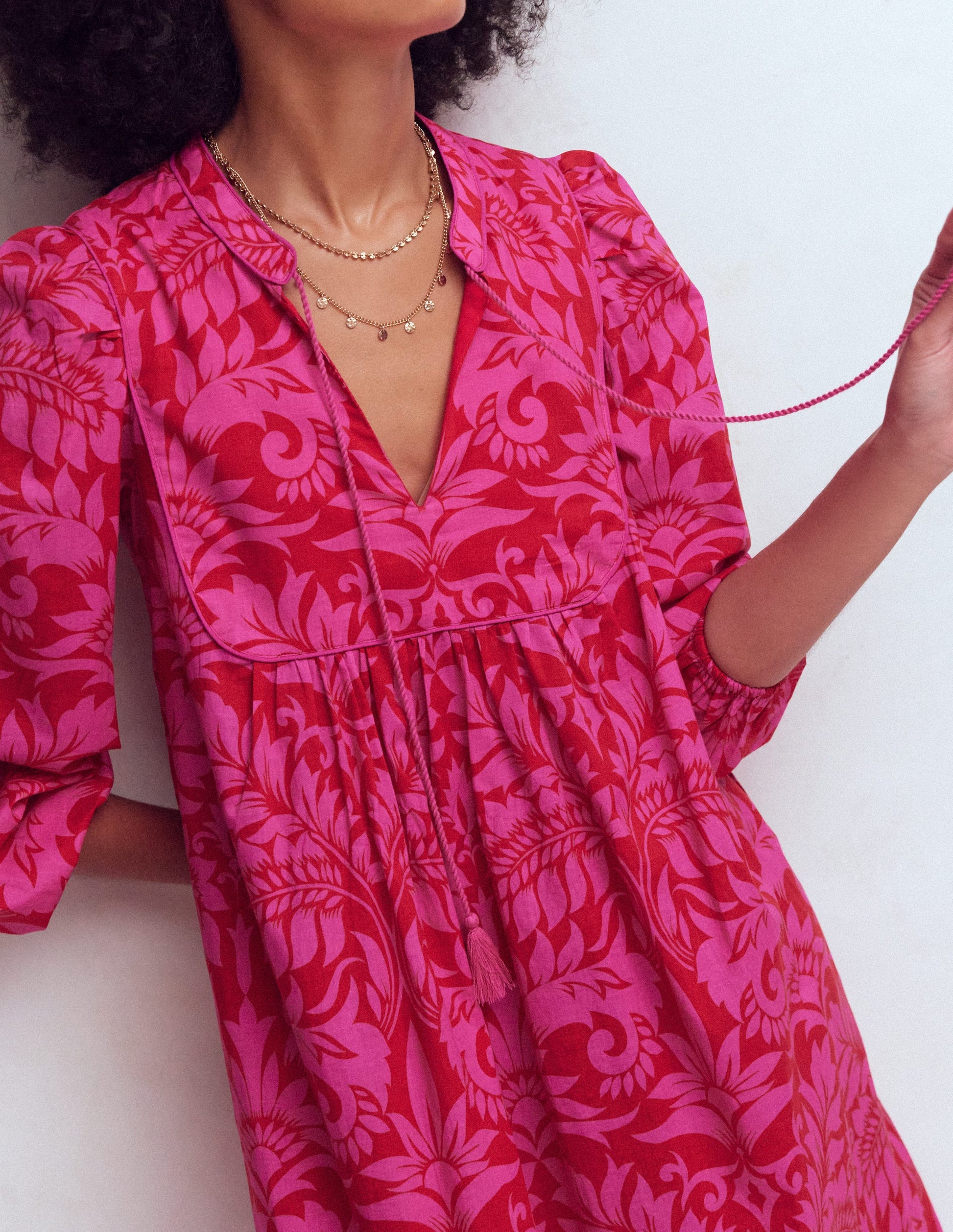 Boho Tie Neck Kaftan-Red Ornamental Foilage-2