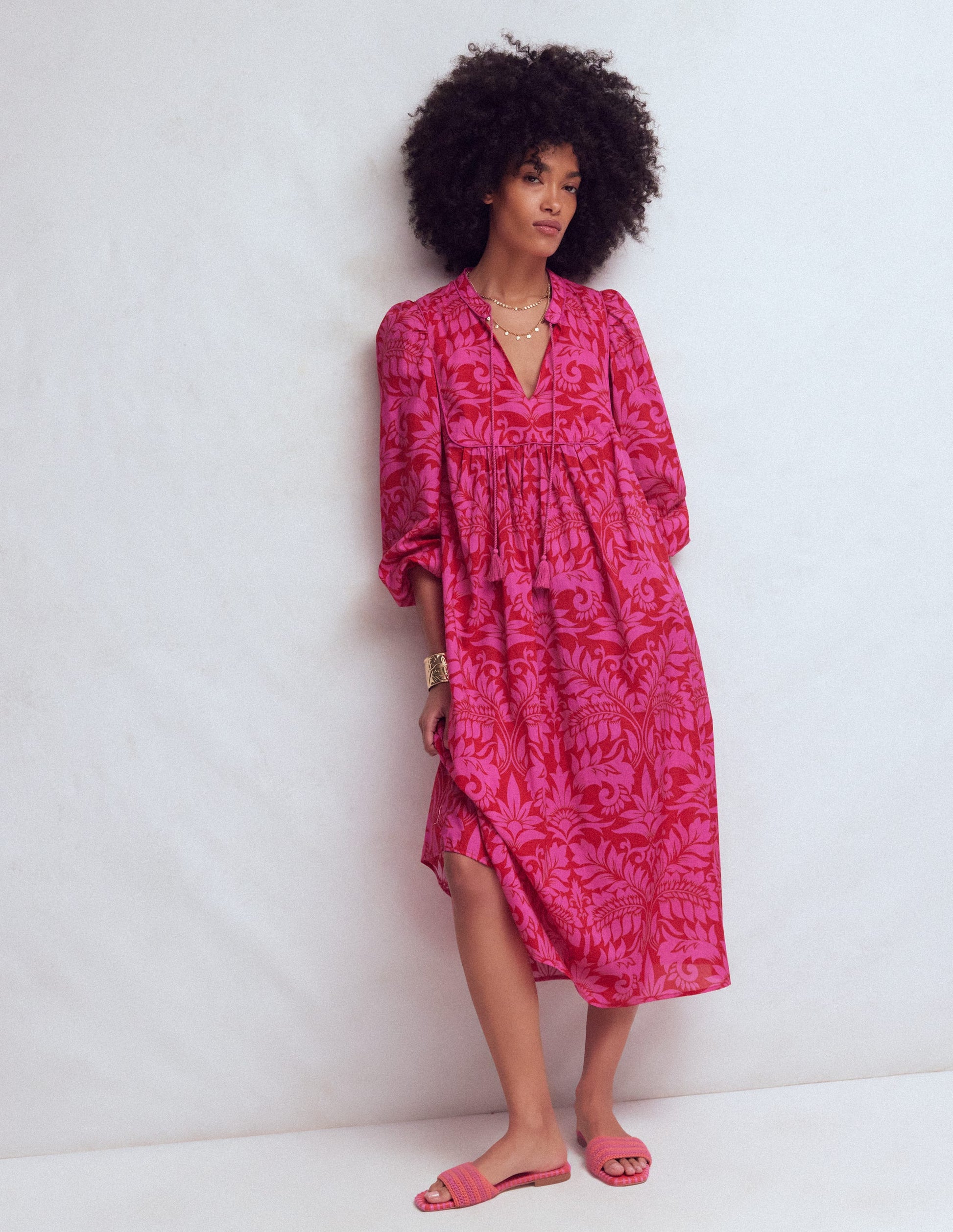 Boho Tie Neck Kaftan-Red Ornamental Foilage-4