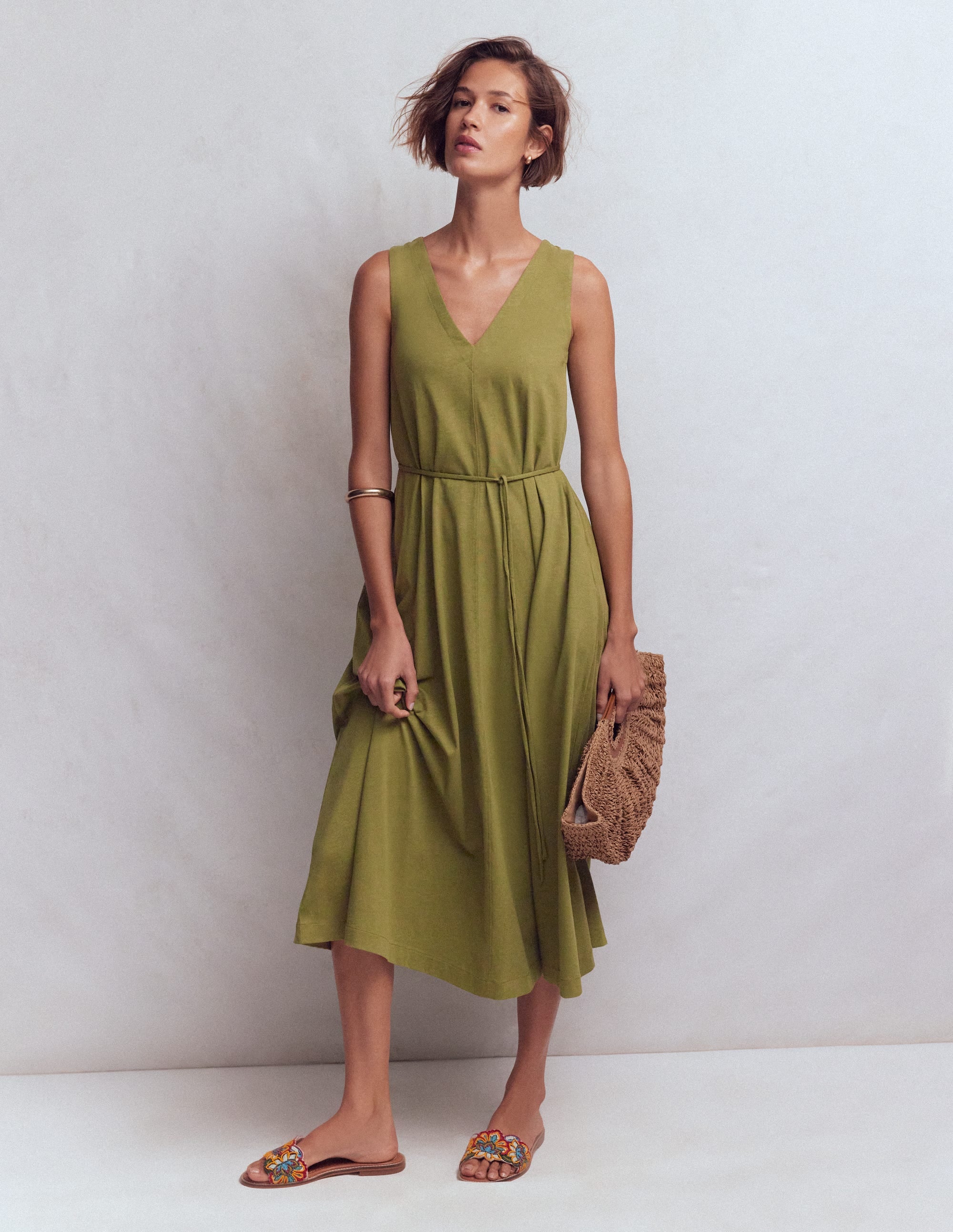 Mia V - neck Jersey Midi Dress - Olive