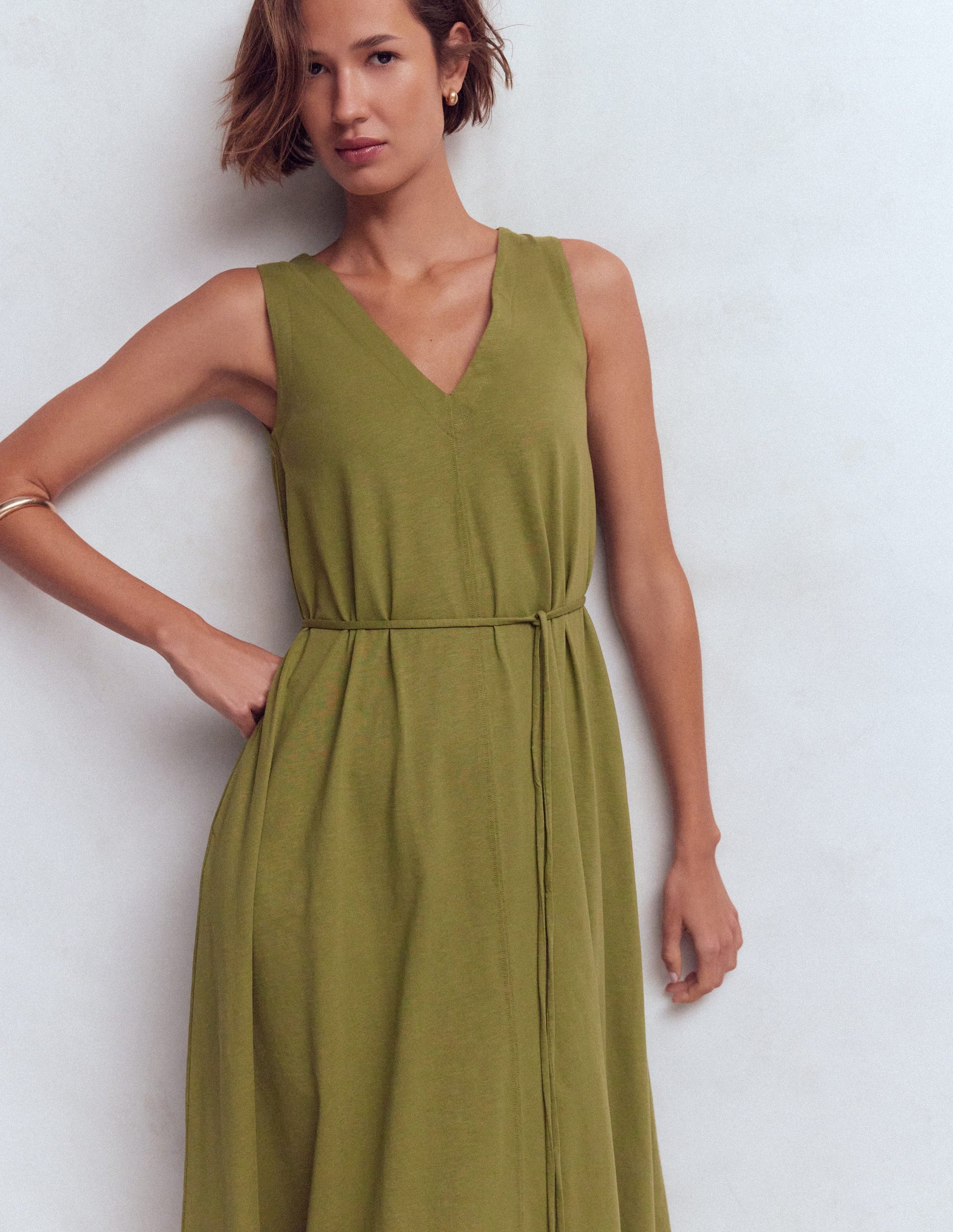 Mia V-neck Jersey Midi Dress-Olive-4