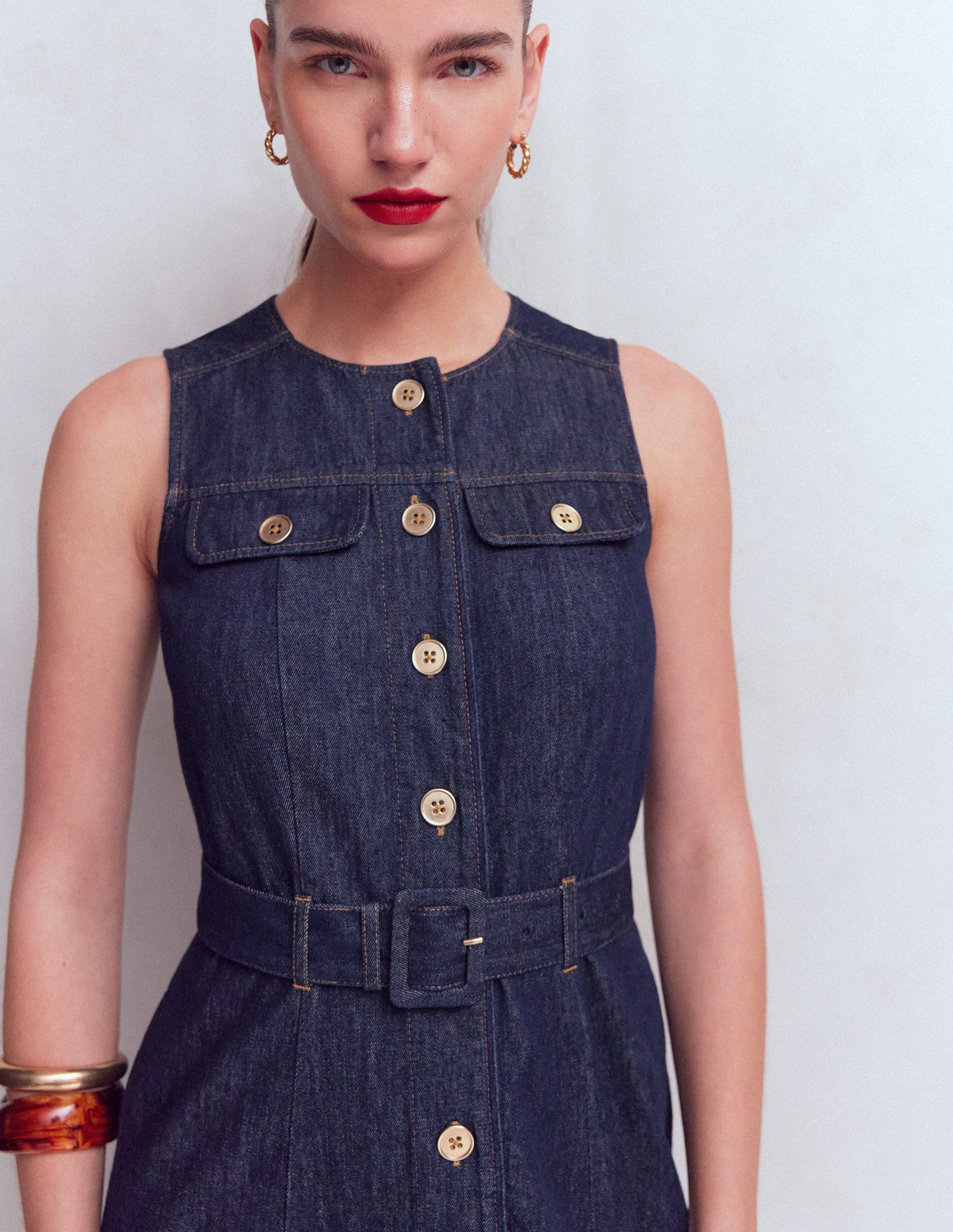 green emerald velvet dress Gold Button Denim Midi Dress-Indigo