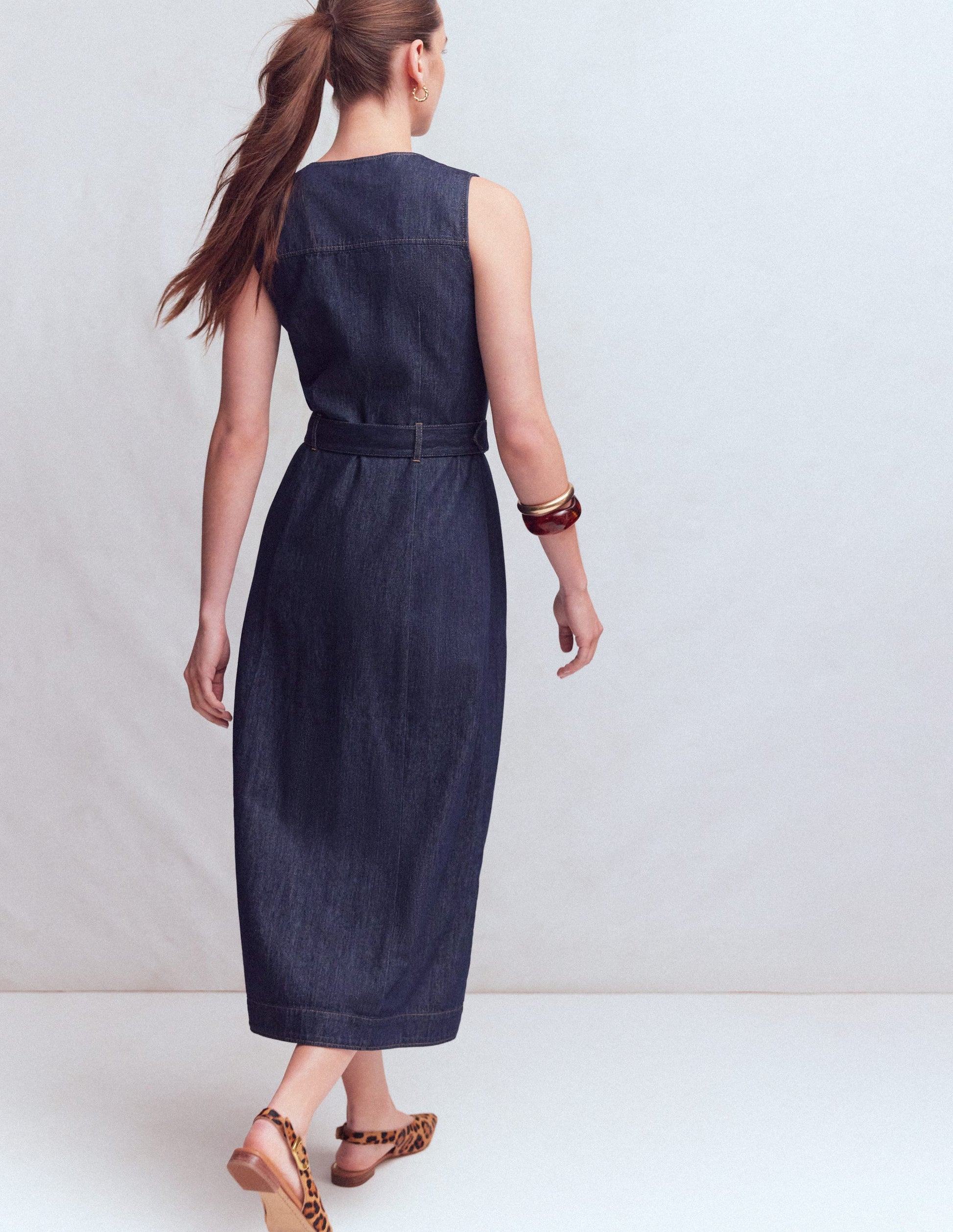 indigo midi dress Boden Women's Gold Button Denim Midi Dress in Blue