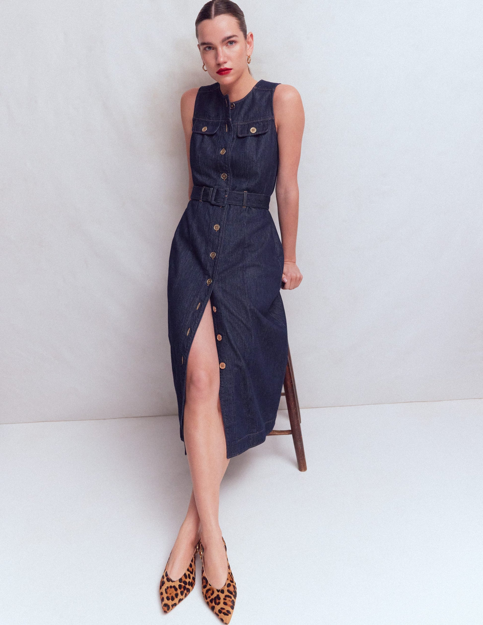 midi dress denim Boden Women's Gold Button Denim Midi Dress in Blue