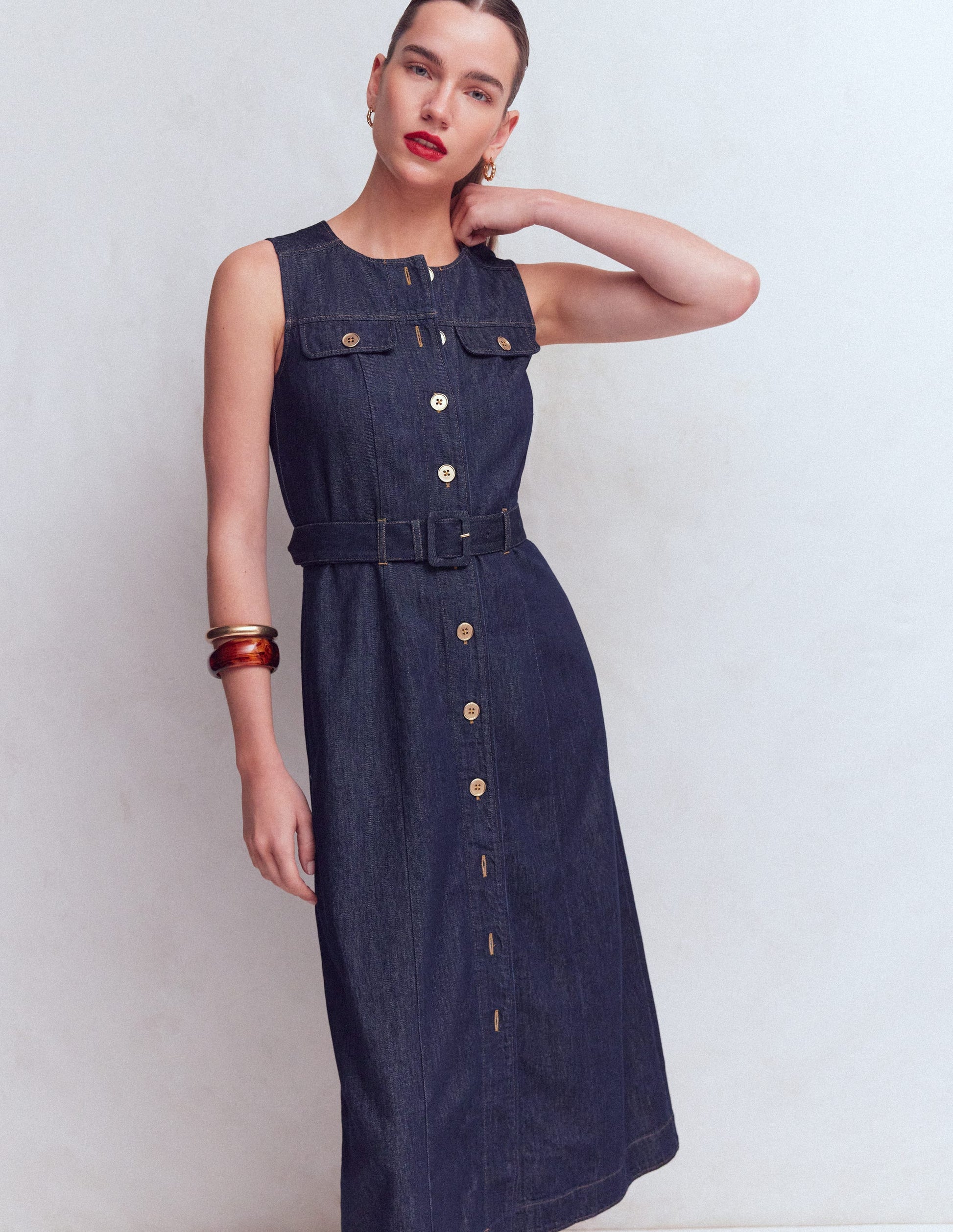 Boden Women's Gold Button Denim Midi Dress in Blue | Size 16/18 Boden Women's Gold Button Denim Midi Dress in Blue | Size 16/18