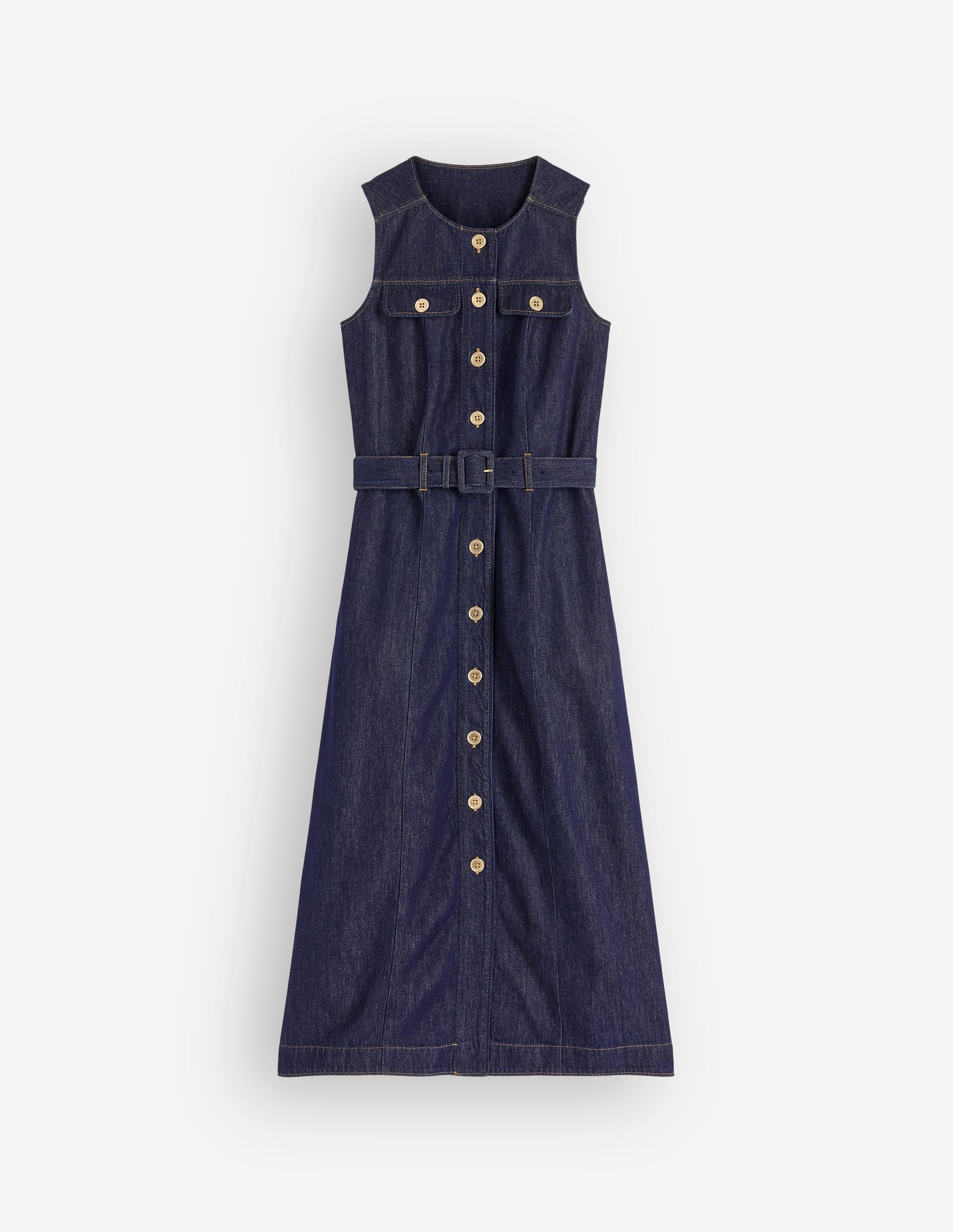 Gold Button Denim Midi Dress-Indigo - Image 7