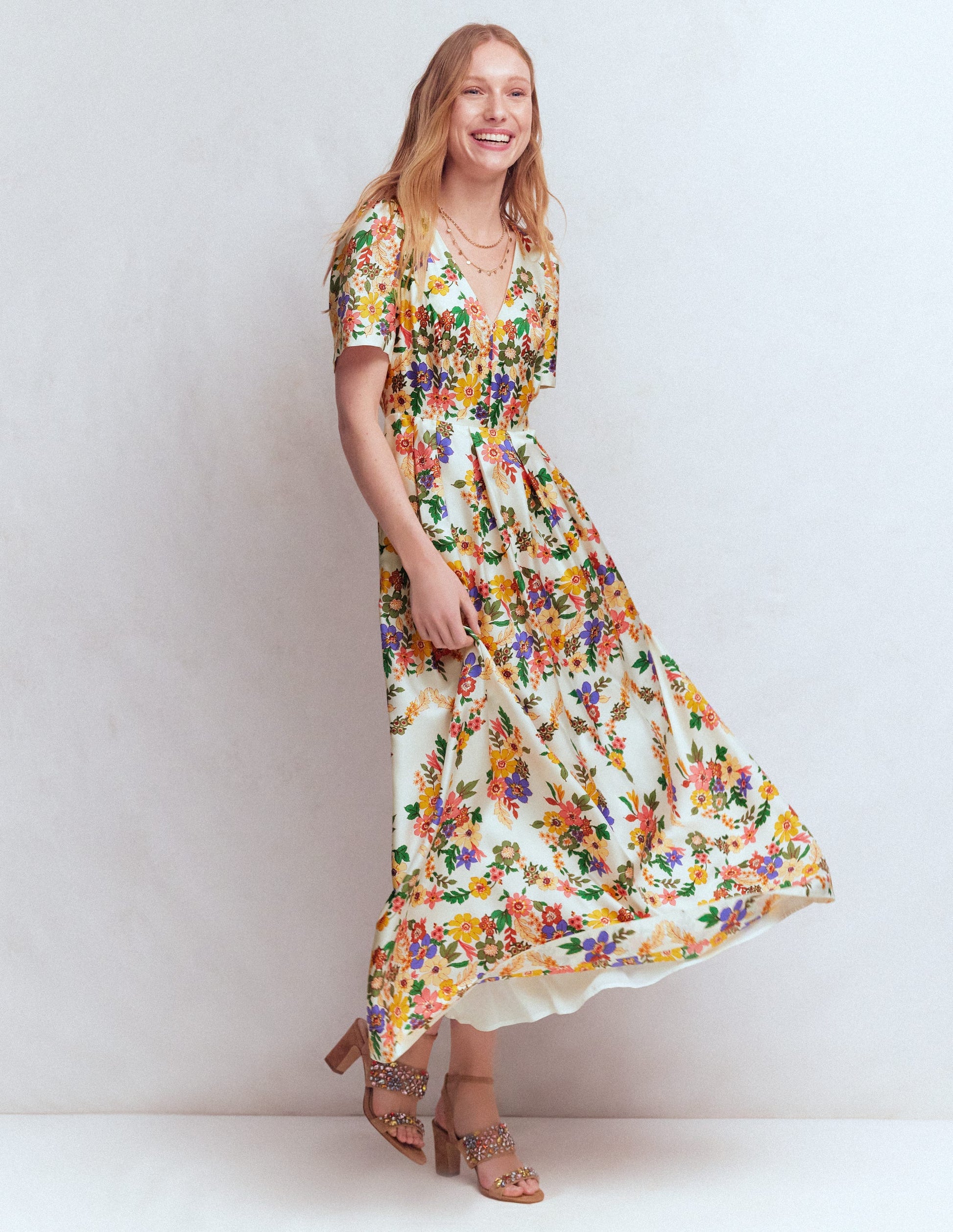 Pleat V-neck Dress-Multi Meadow Flowers-5