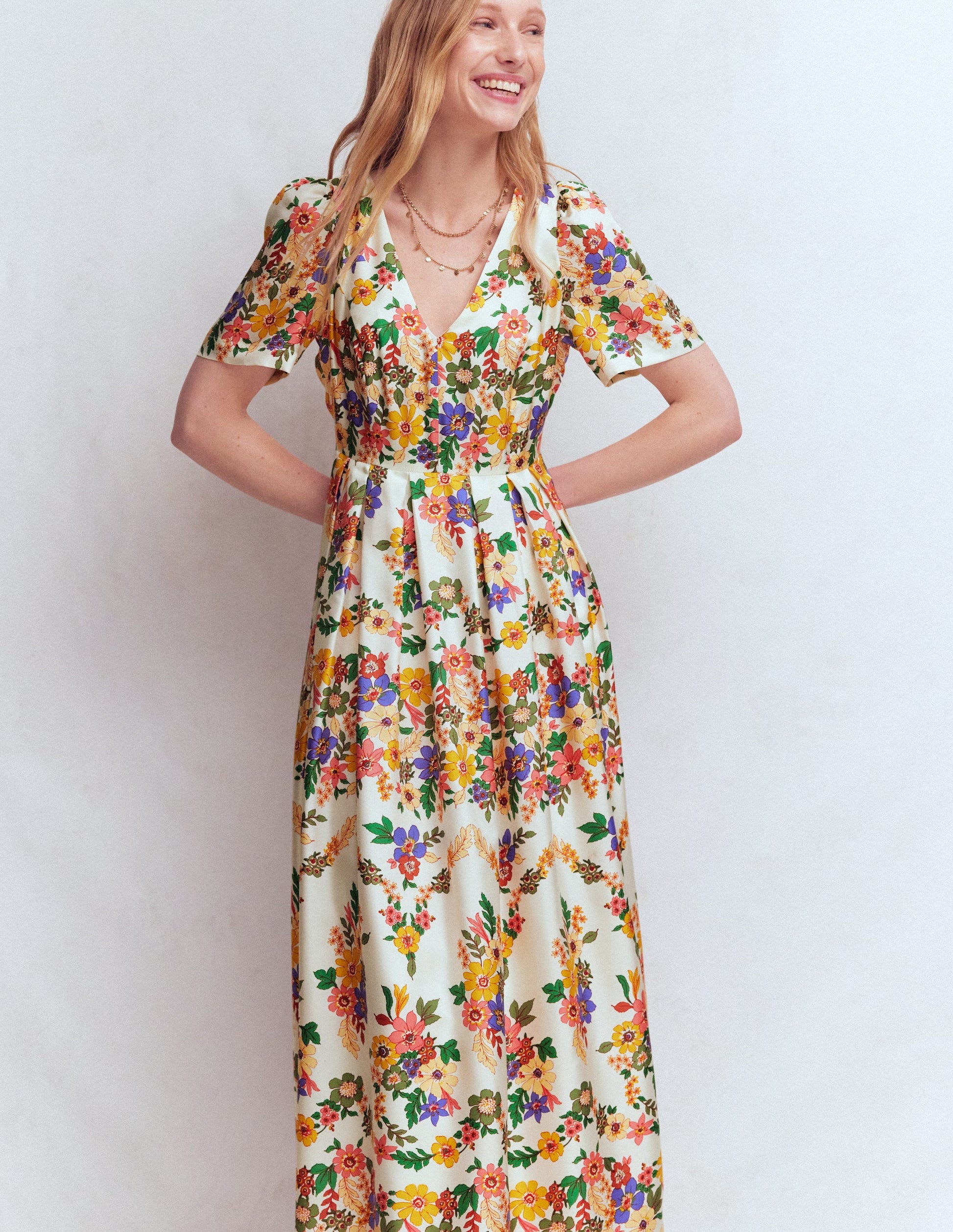 Pleat V-neck Dress-Multi Meadow Flowers-6