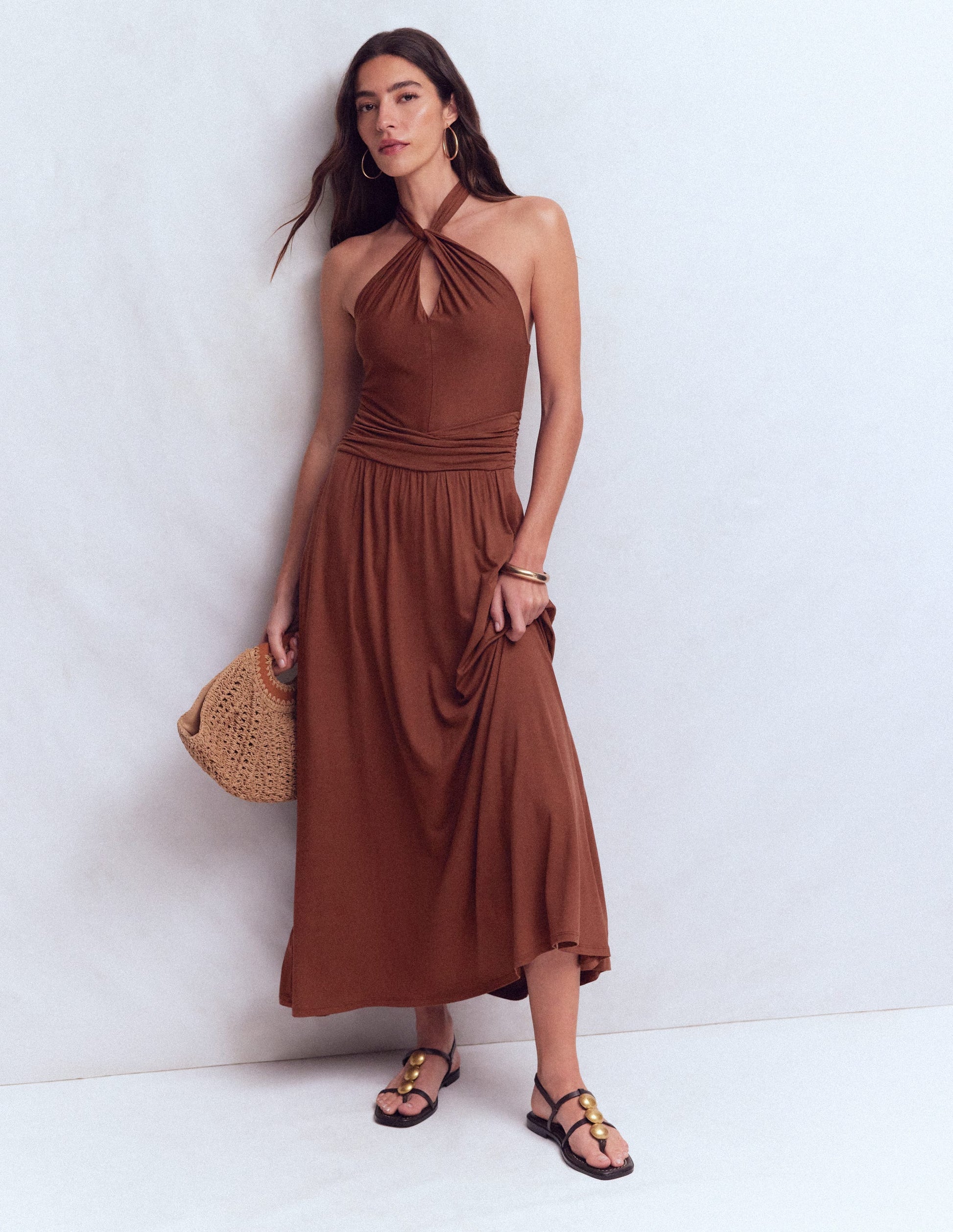 Sydney Twist Neck Jersey Dress-Roasted Brown