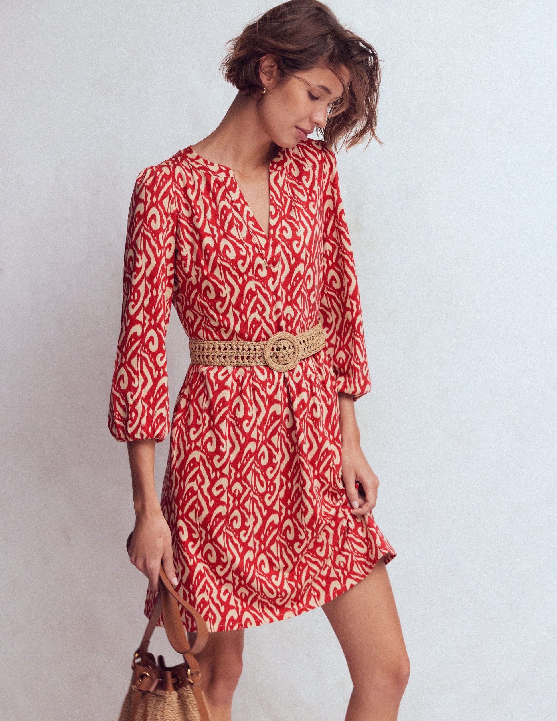 Cathy Notch Neck Jersey Dress-Merida Red, Ikat-1