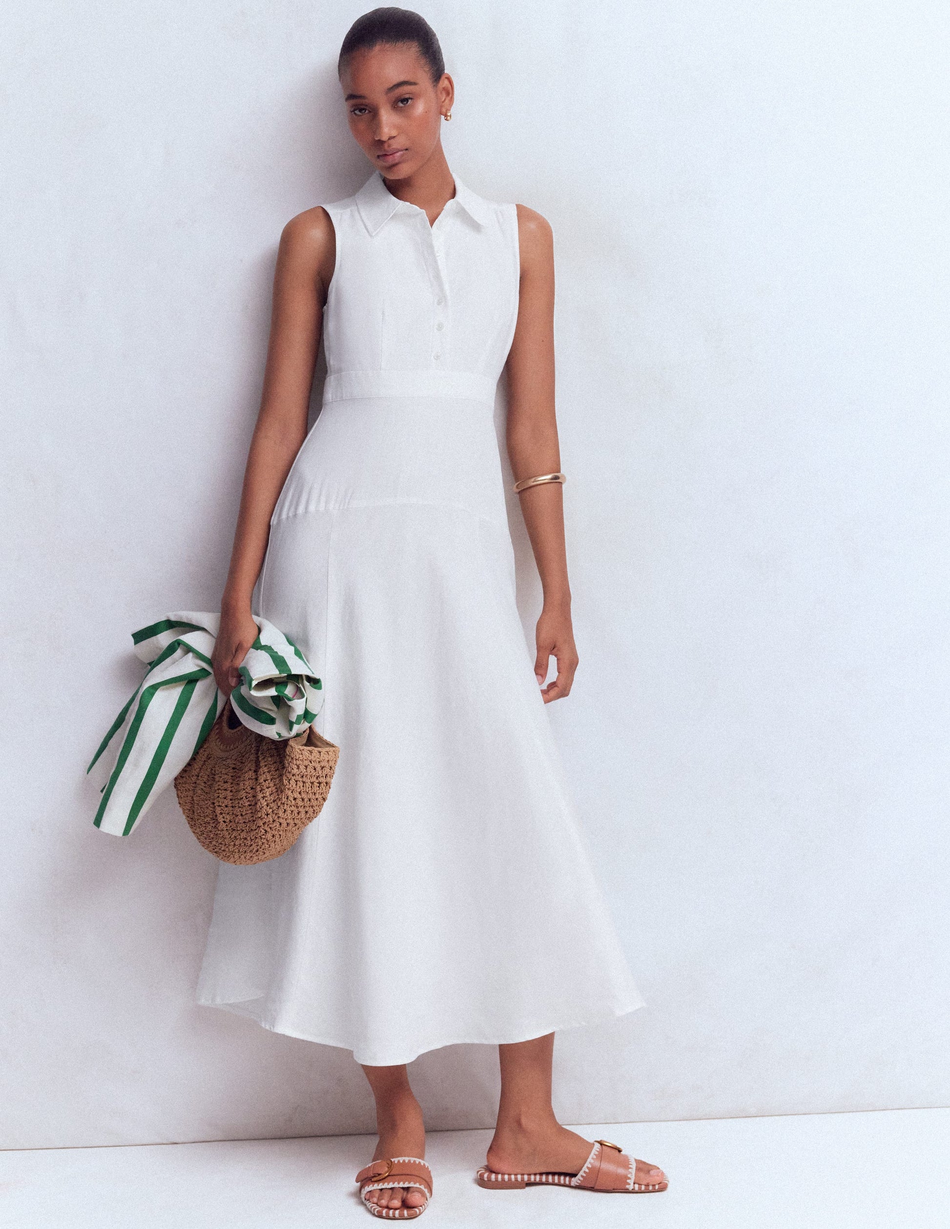 Erma Drop Waist Linen Dress-White-6