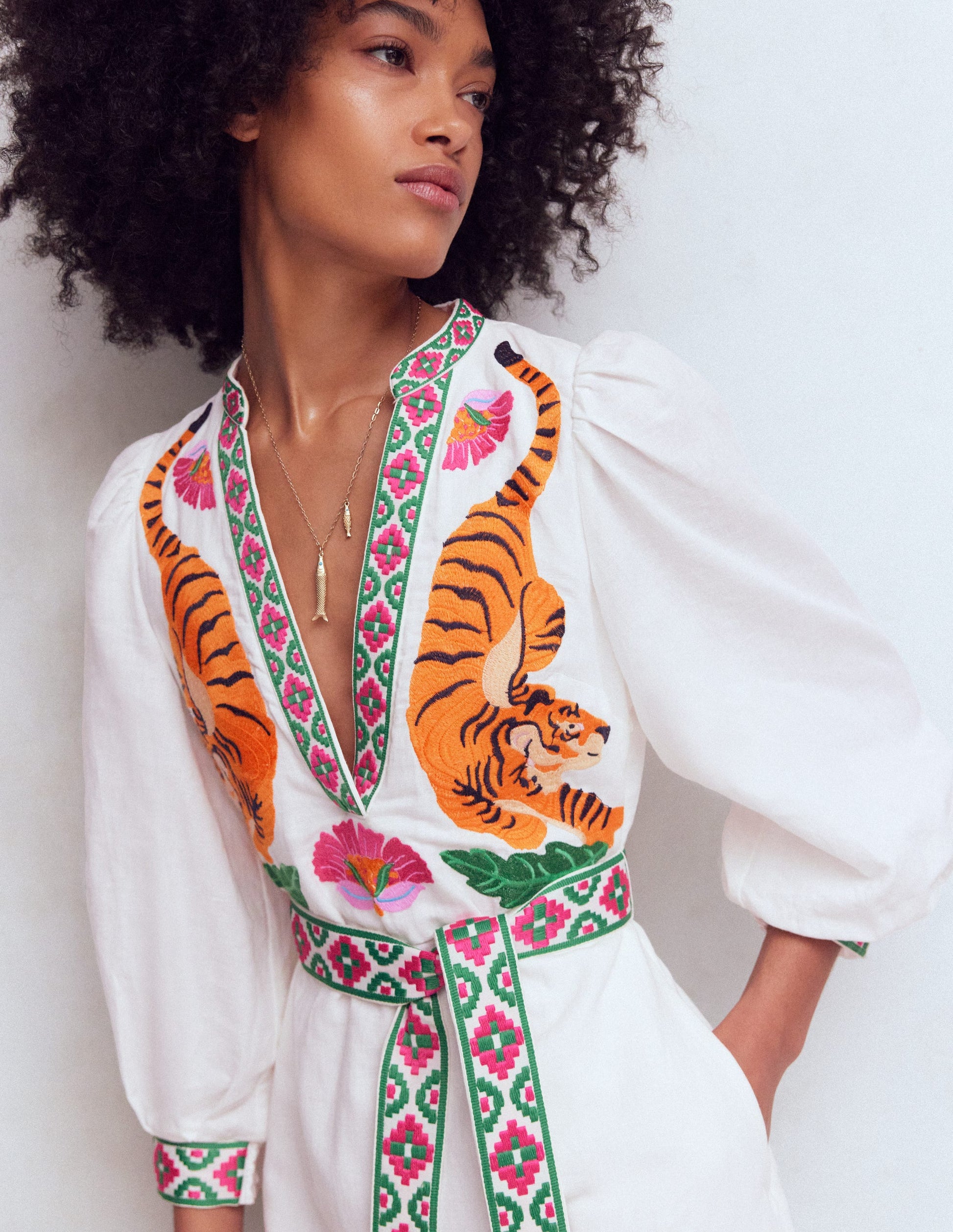 Octavia Linen Blend Dress-Tiger Embroidery | Boden USA Octavia Linen Blend Dress-Tiger Embroidery | Boden USA
