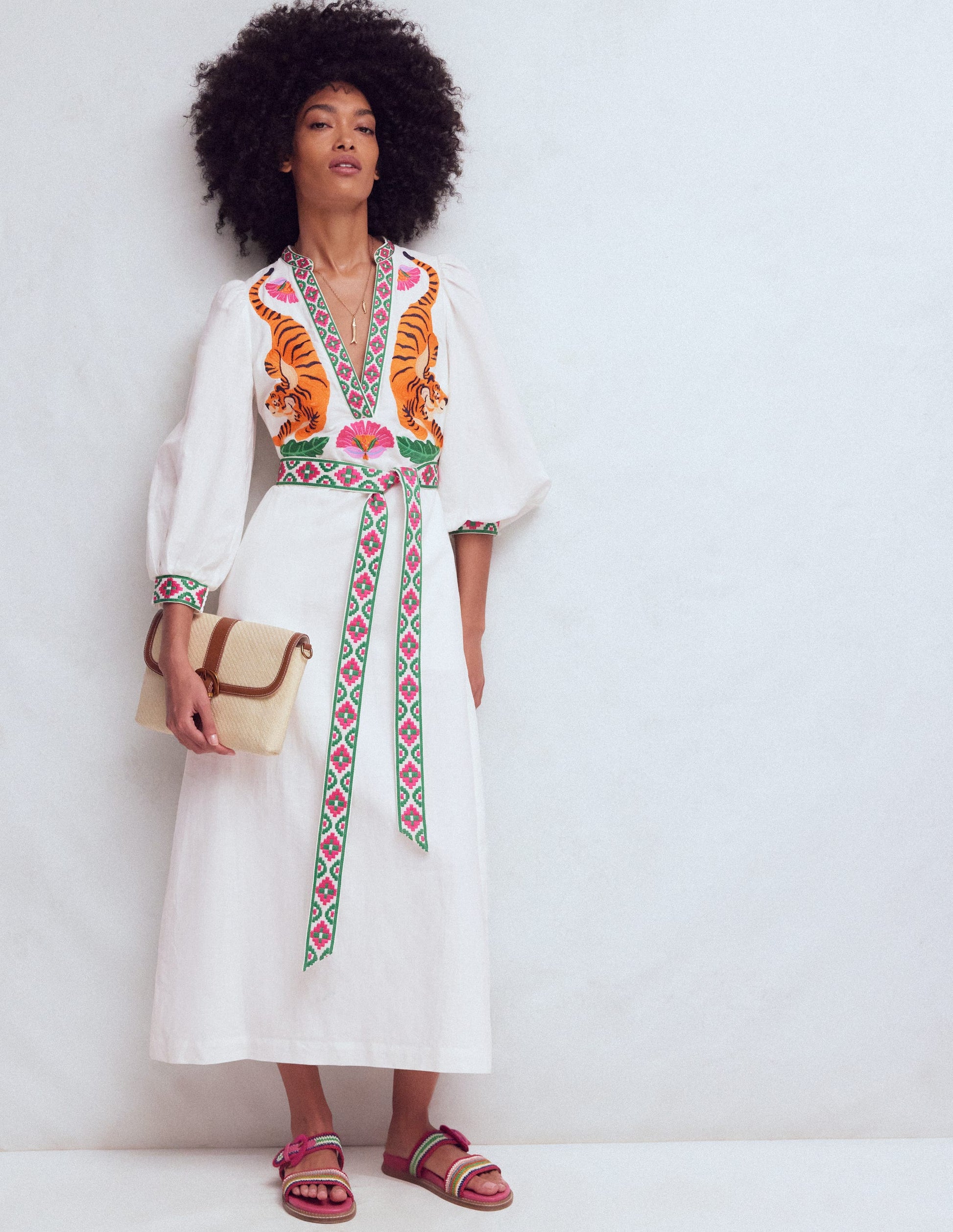 Octavia Linen Blend Dress-Tiger Embroidery | Boden USA Octavia Linen Blend Dress-Tiger Embroidery | Boden USA