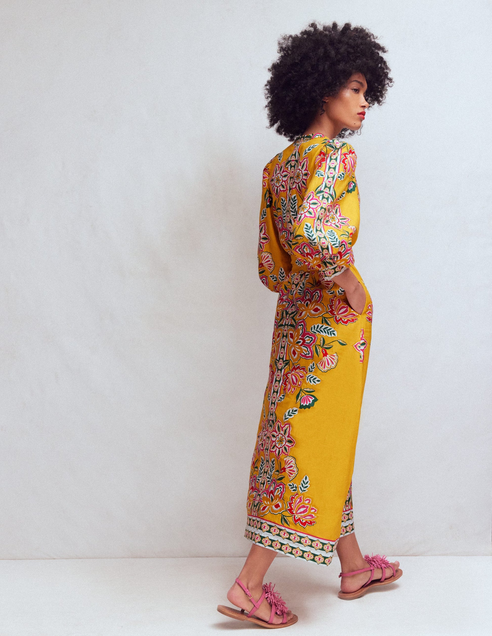 Octavia Linen Blend Dress-Yellow Blossom Elegance | Boden USA Octavia Linen Blend Dress-Yellow Blossom Elegance | Boden USA
