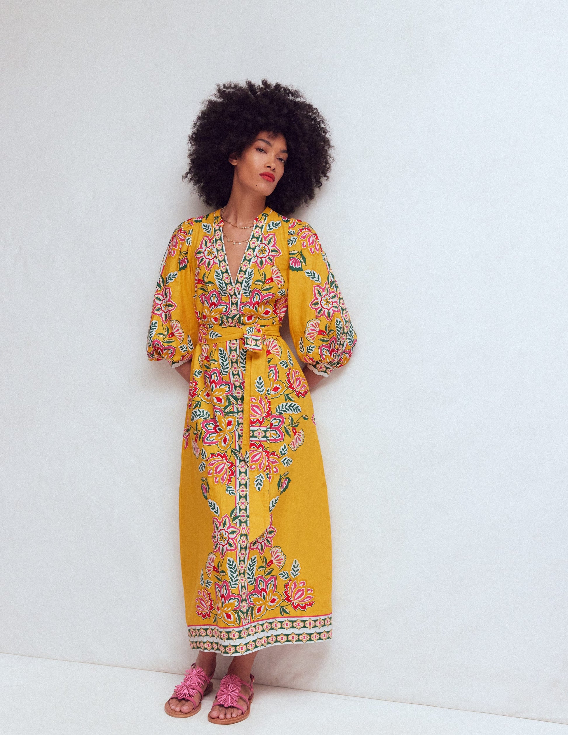 Octavia Linen Blend Dress-Yellow Blossom Elegance | Boden USA Octavia Linen Blend Dress-Yellow Blossom Elegance | Boden USA