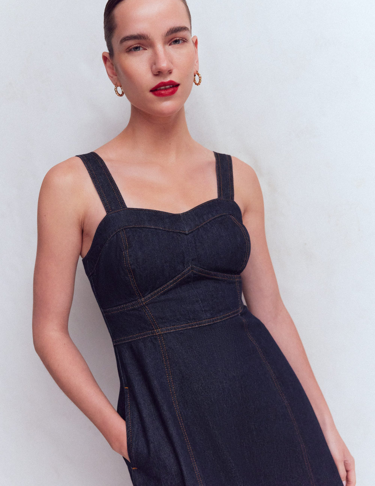 Panelled Bodice Denim Dress-Indigo - Image 4