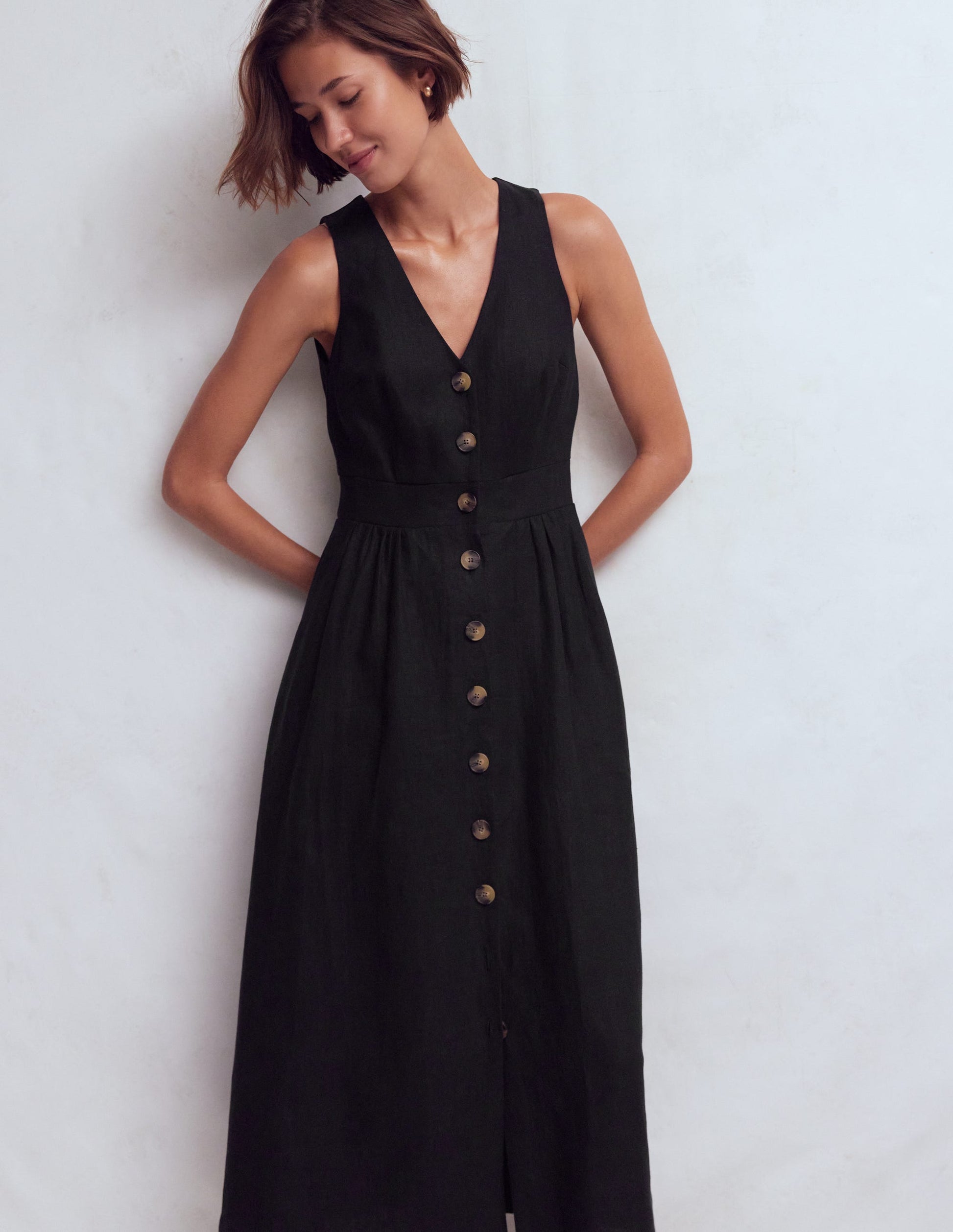Catherine Button Linen Dress-Black-4