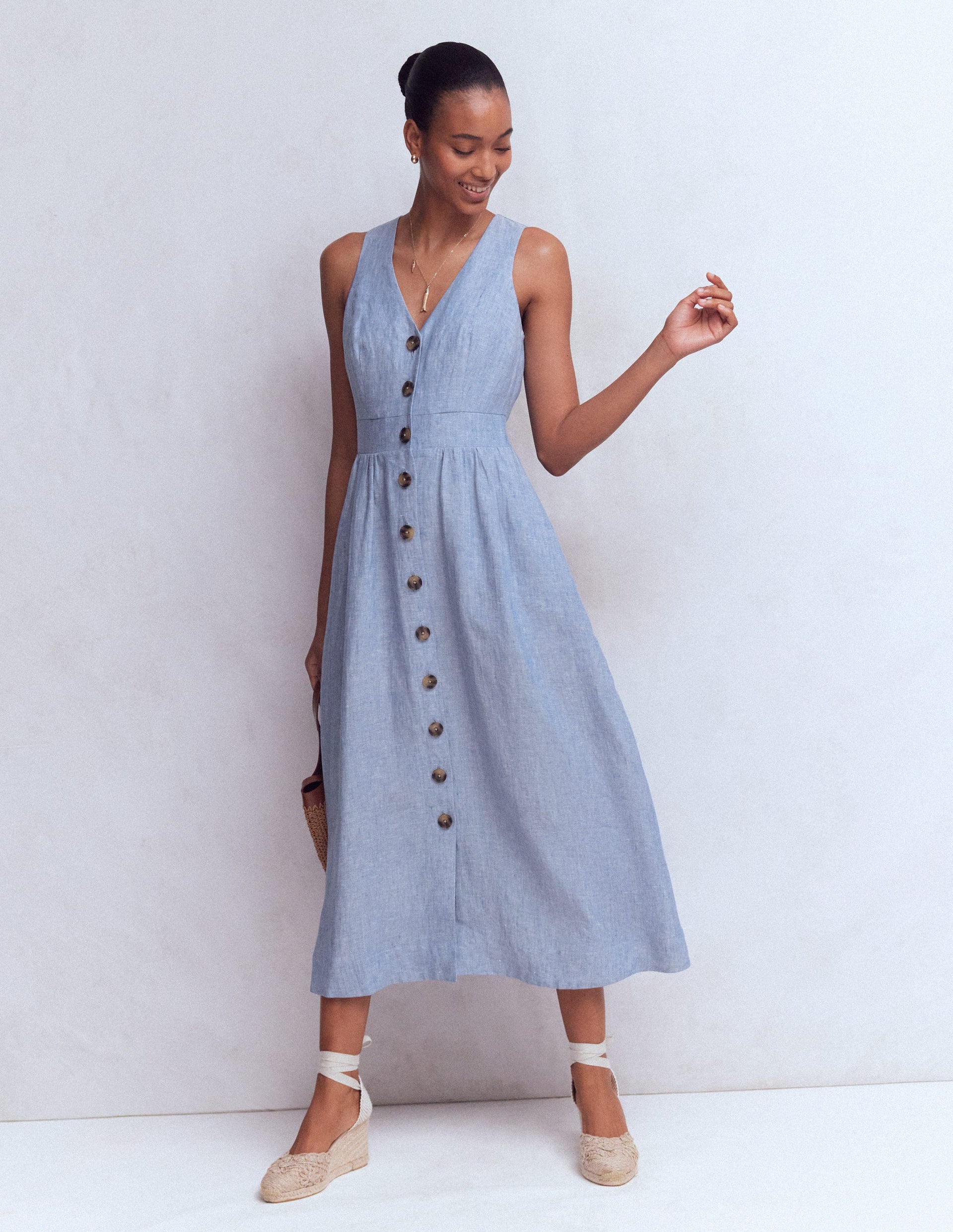 Catherine Button Linen Dress - Chambray