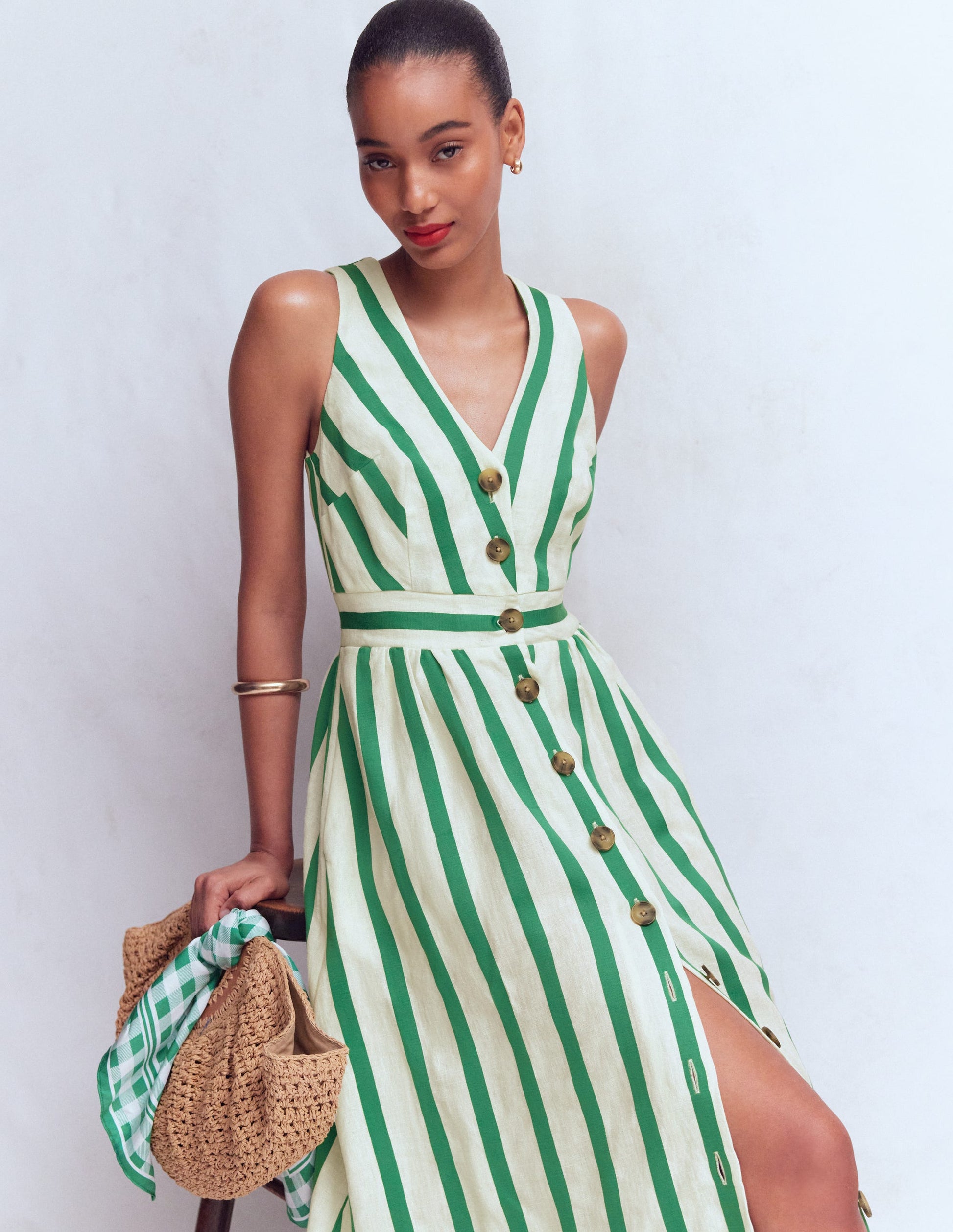boden dress green Catherine Button Linen Dress-Ivory and Green Satin Stripe