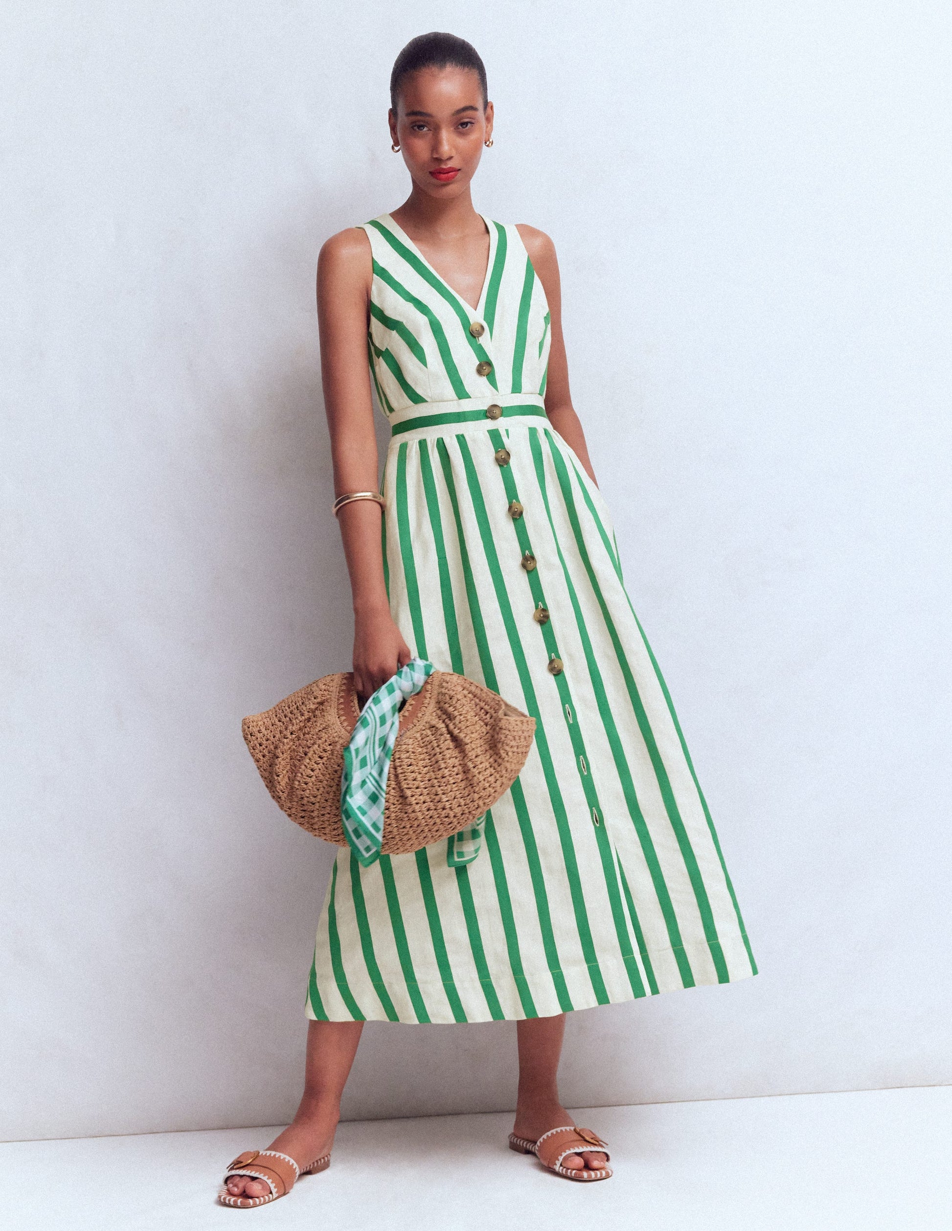 Catherine Button Linen Dress-Ivory and Green Satin Stripe | Boden USA Catherine Button Linen Dress-Ivory and Green Satin Stripe | Boden USA