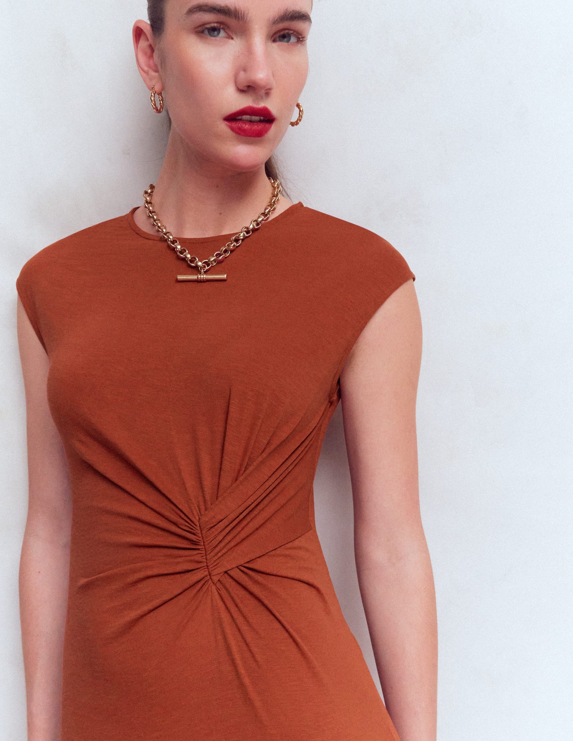 burnt orange midi dress ADIRA LACE TIERED RUFFLE this dress can be effortlessly styled with heels and statement accessories for a refined look Women's Burnt Orange Chiffon Drape