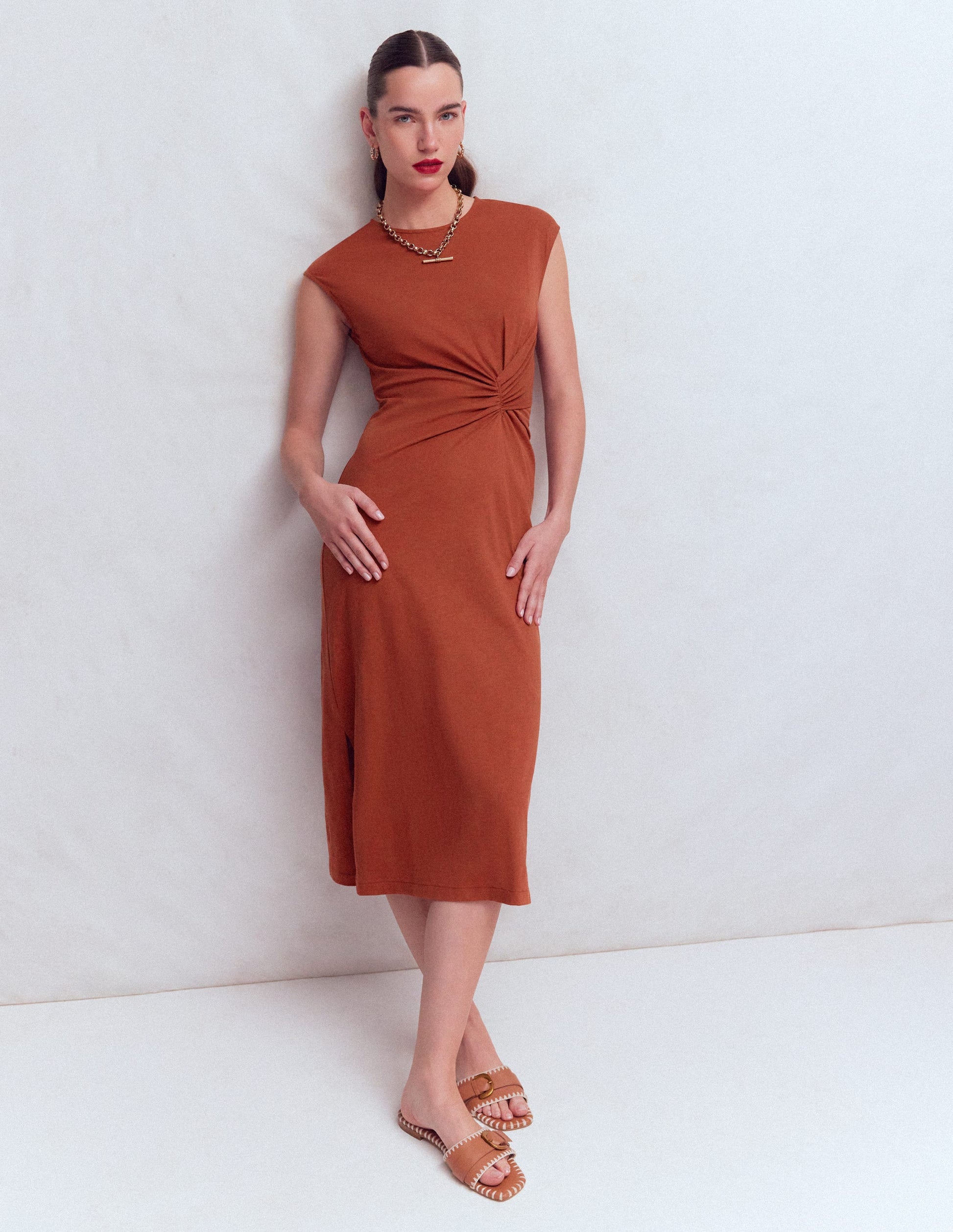strapless open back dress Hollis Floral Midi Dress- Burnt Orange, Loose Fit Modest Dress Small / Burnt Orange